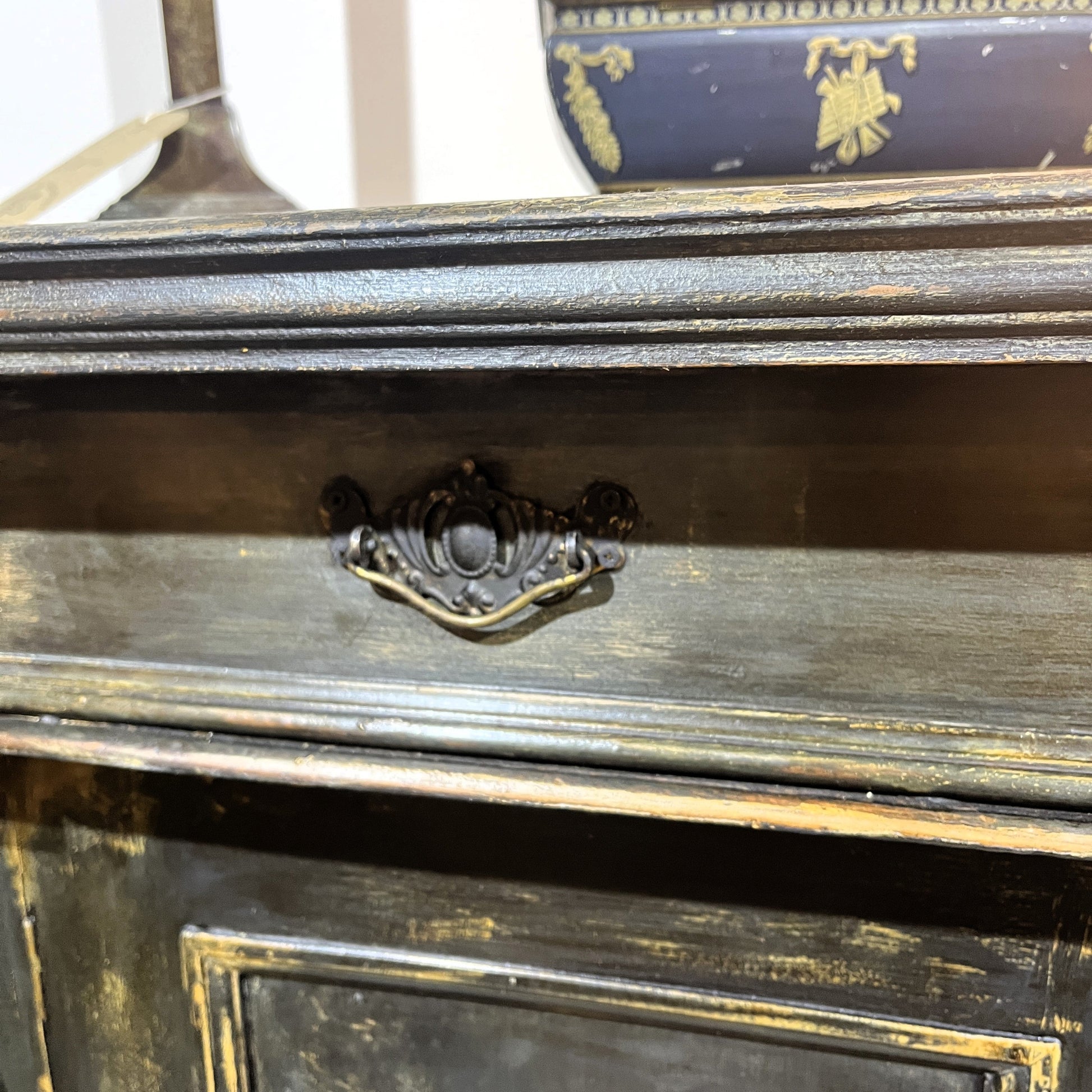 This is an old vintage painted sideboard. It has been cleaned inside and out, properly prepared, and the exterior painted with a paint finish to give an aged patina effect.
