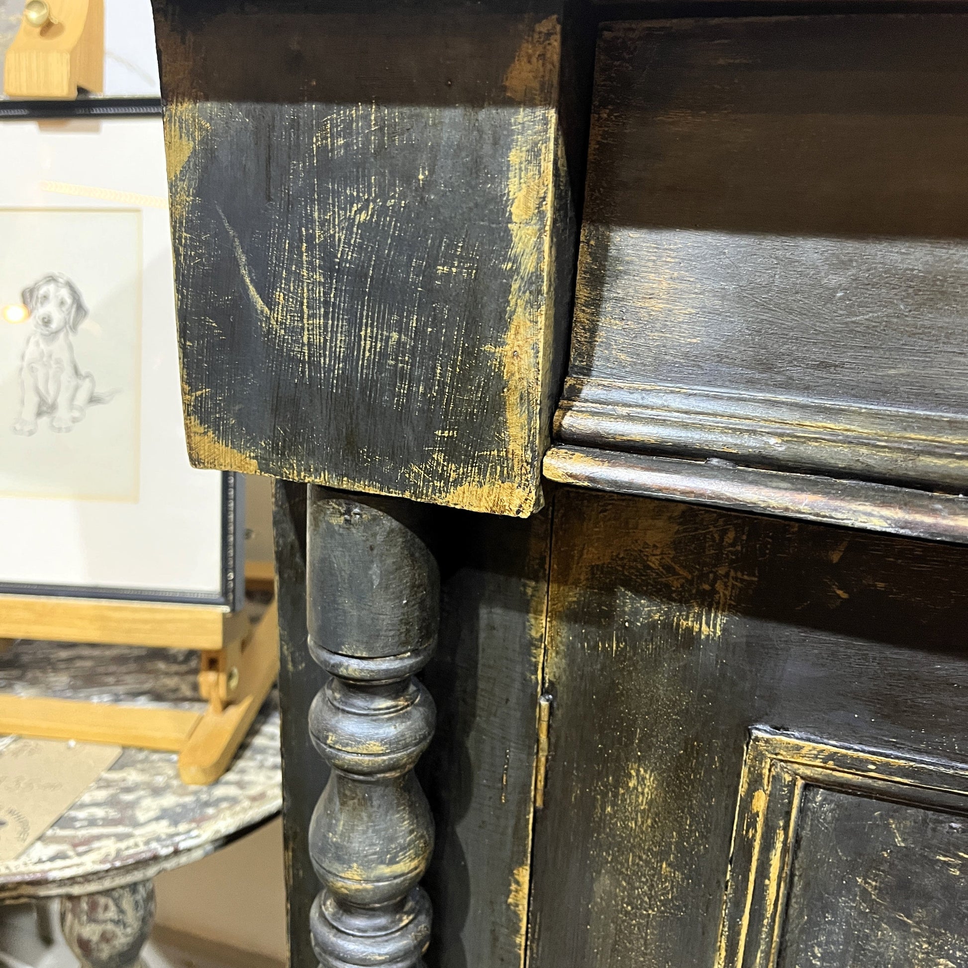 This is an old vintage painted sideboard. It has been cleaned inside and out, properly prepared, and the exterior painted with a paint finish to give an aged patina effect.