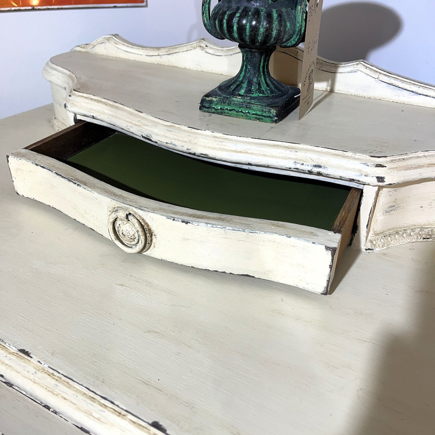 This is an elegant vintage painted dressing table featuring a small drawer on the top. It has been cleaned inside and out, properly prepared.