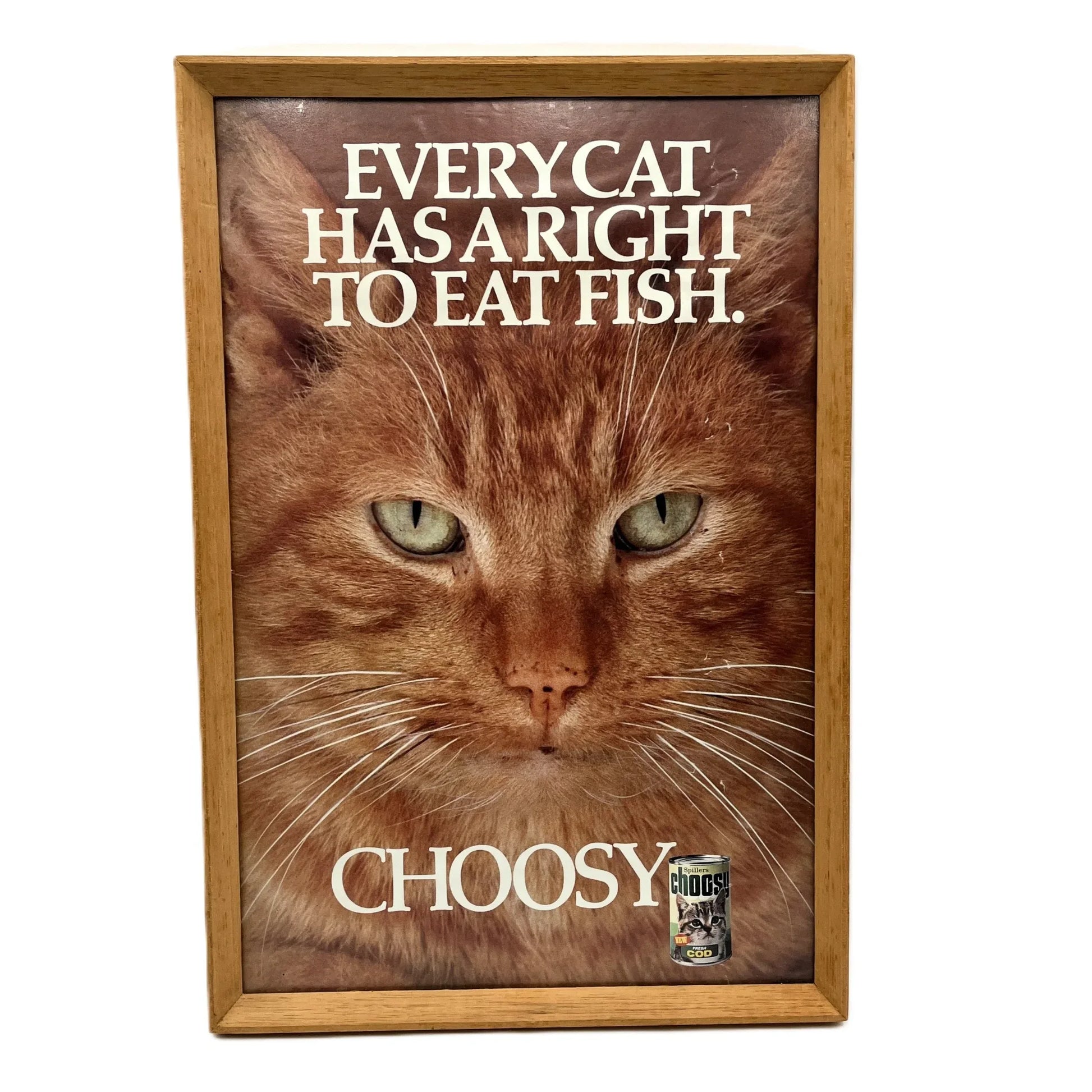 This is a vintage framed advertising poster for Choosy Cat Food. From the early 1980s, this one reads "every cat has the right to eat fish". It has been framed in a wooden frame sometime in the past, which has helped to preserve it.