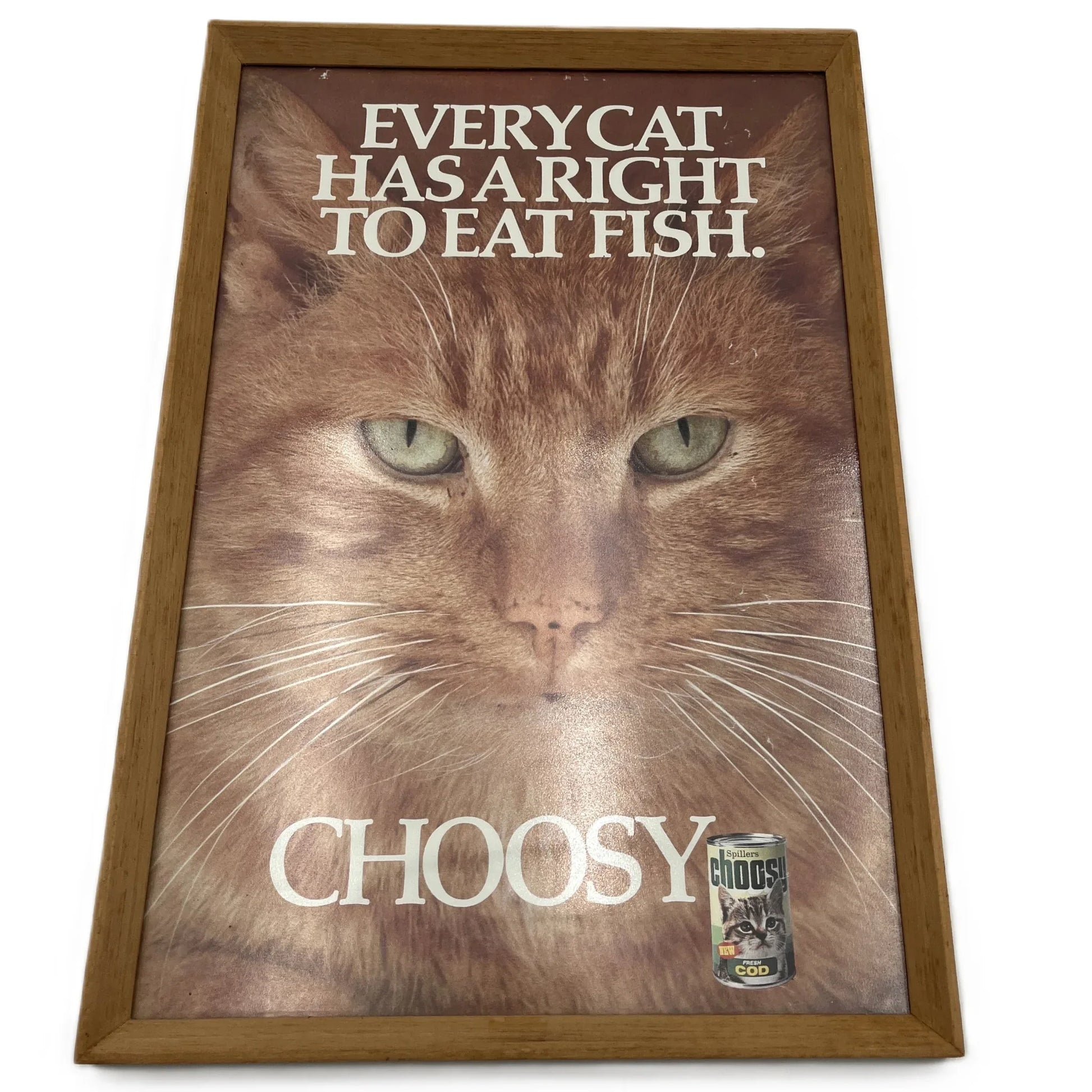 This is a vintage framed advertising poster for Choosy Cat Food. From the early 1980s, this one reads "every cat has the right to eat fish". It has been framed in a wooden frame sometime in the past, which has helped to preserve it.