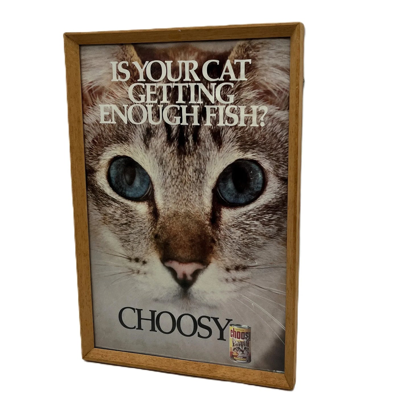 This is a vintage framed advertising poster for Choosy Cat Food. From the early 1980s, this one reads "is your cat getting enough fish". It has been framed in a wooden frame sometime in the past, which has helped to preserve it.