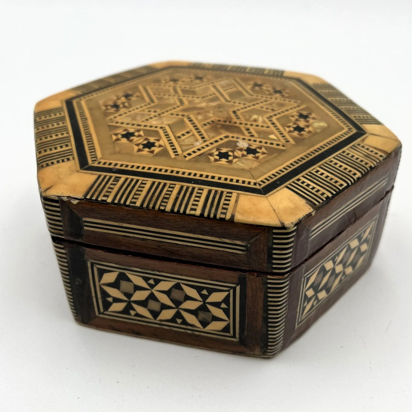 Vintage hexagonal  mosaic box,  crafted in the Middle East 