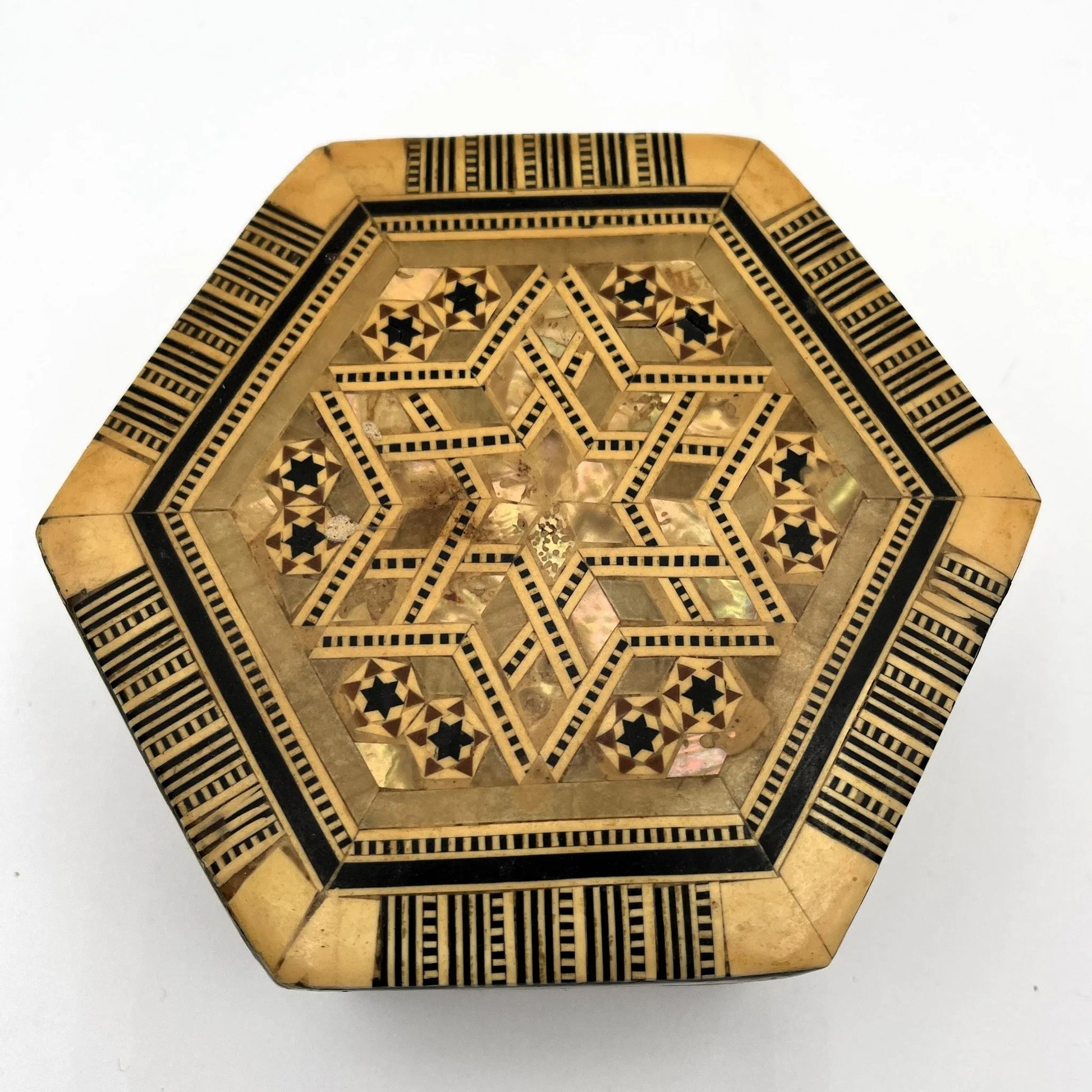 Vintage hexagonal  mosaic box,  crafted in the Middle East 