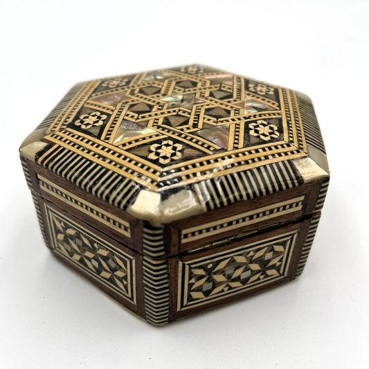 vintage hexagonal mosaic box, traditionally crafted in the Middle East with artisan techniques. 