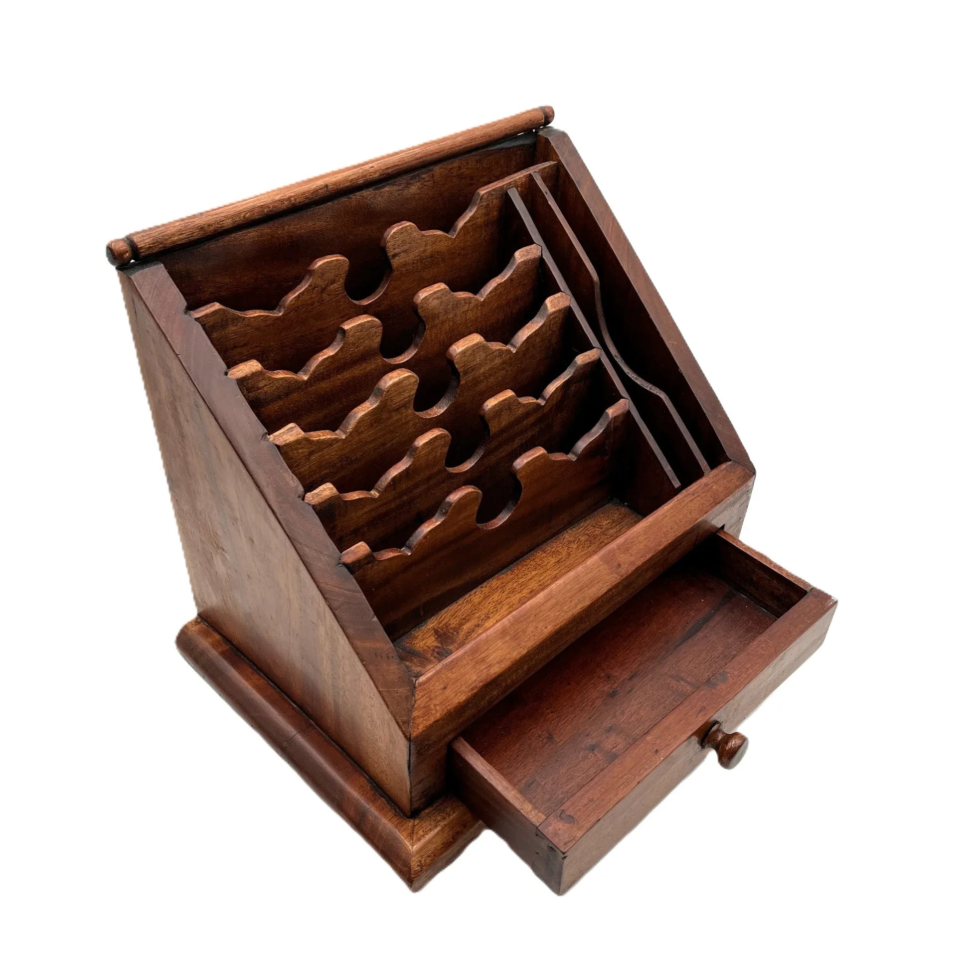 This is a vintage Mahogany Letter Rack Writing Desk Tidy. Raised on small feet, it has eight compartments and a drawer to the front. 