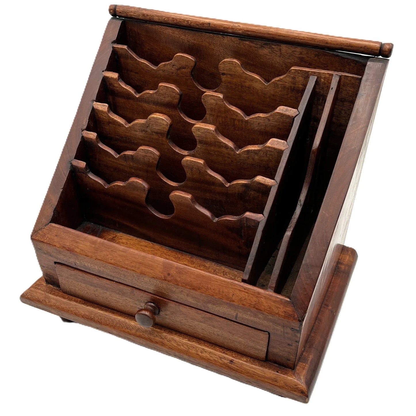 This is a vintage Mahogany Letter Rack Writing Desk Tidy. Raised on small feet, it has eight compartments and a drawer to the front. 
