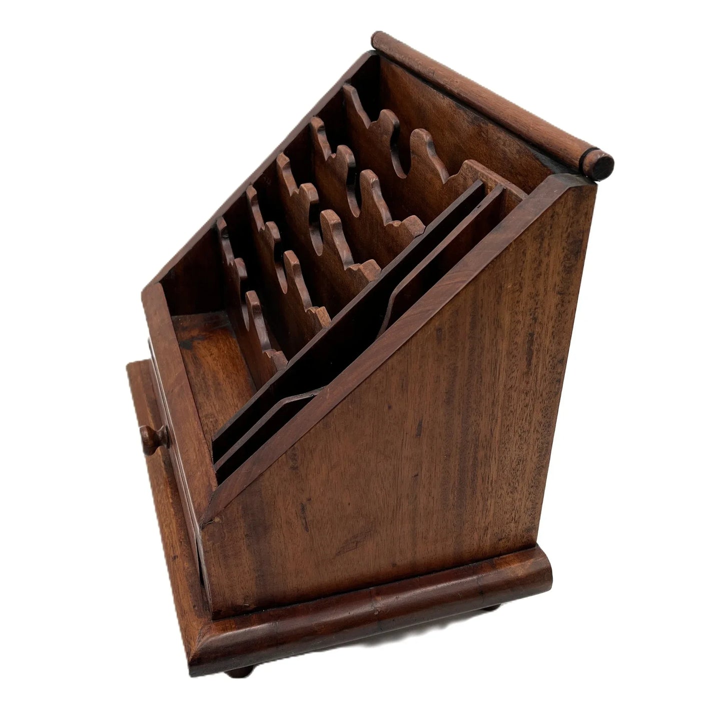 This is a vintage Mahogany Letter Rack Writing Desk Tidy. Raised on small feet, it has eight compartments and a drawer to the front. 