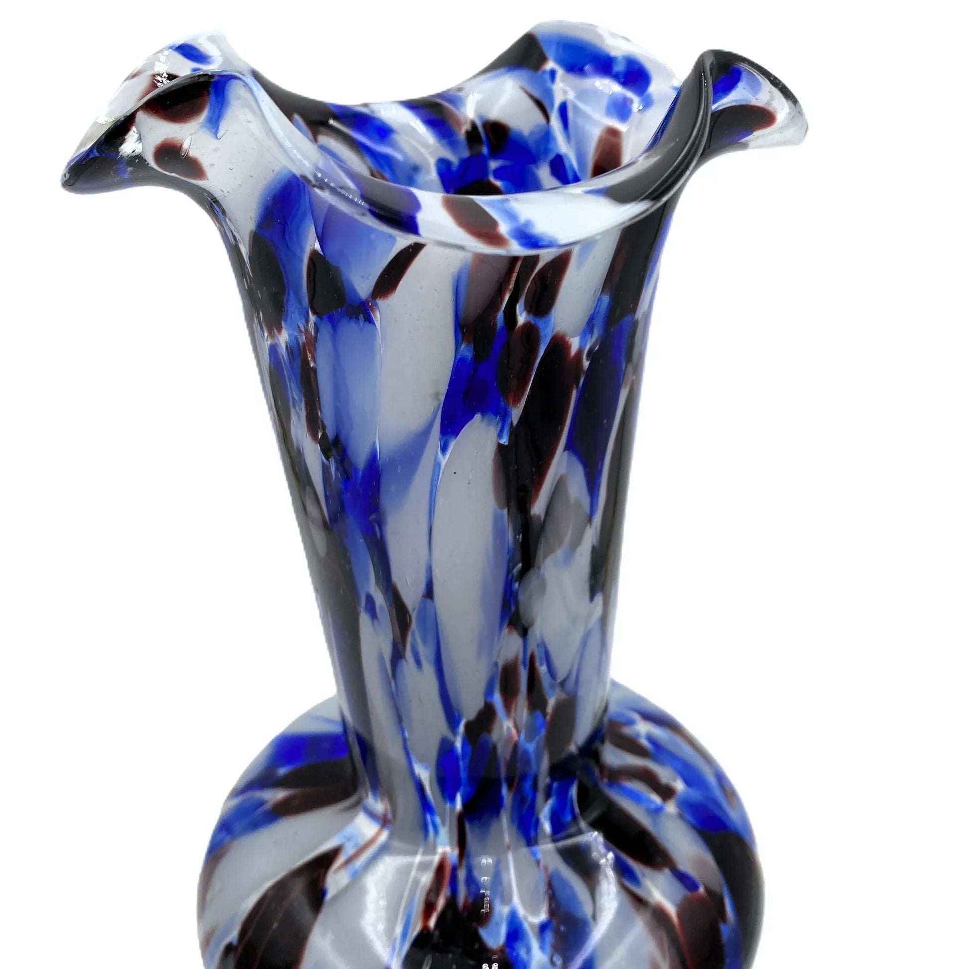 This mid-century Spatter or End of Day Vase.  It features a colourful "end of the day" or splatter design with blue, red, white, and black colours under clear glass. 