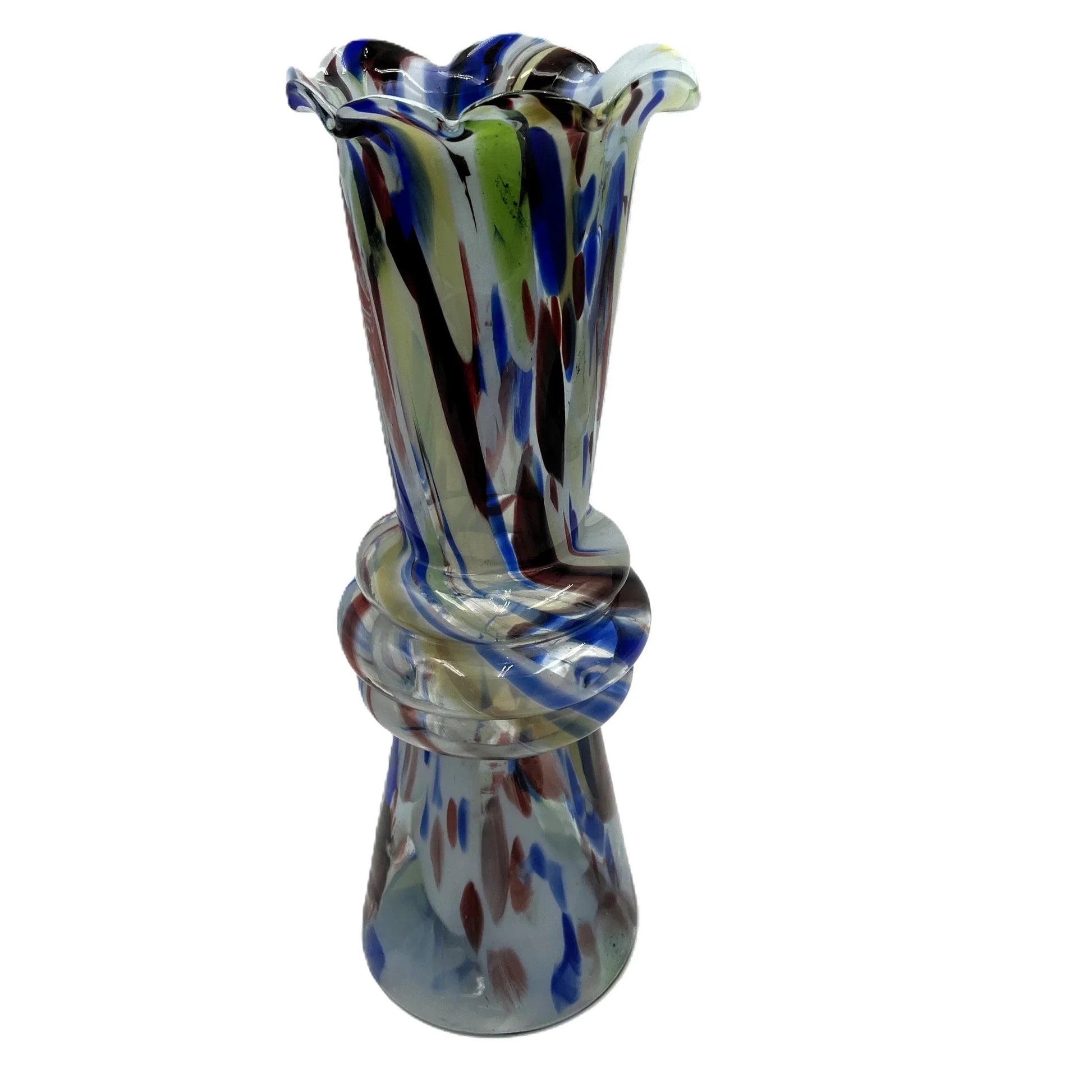 This mid-century Spatter or End of Day Vase.  It features a colorful "end of the day" or splatter design with blue, red, white, and black colours under clear glass.