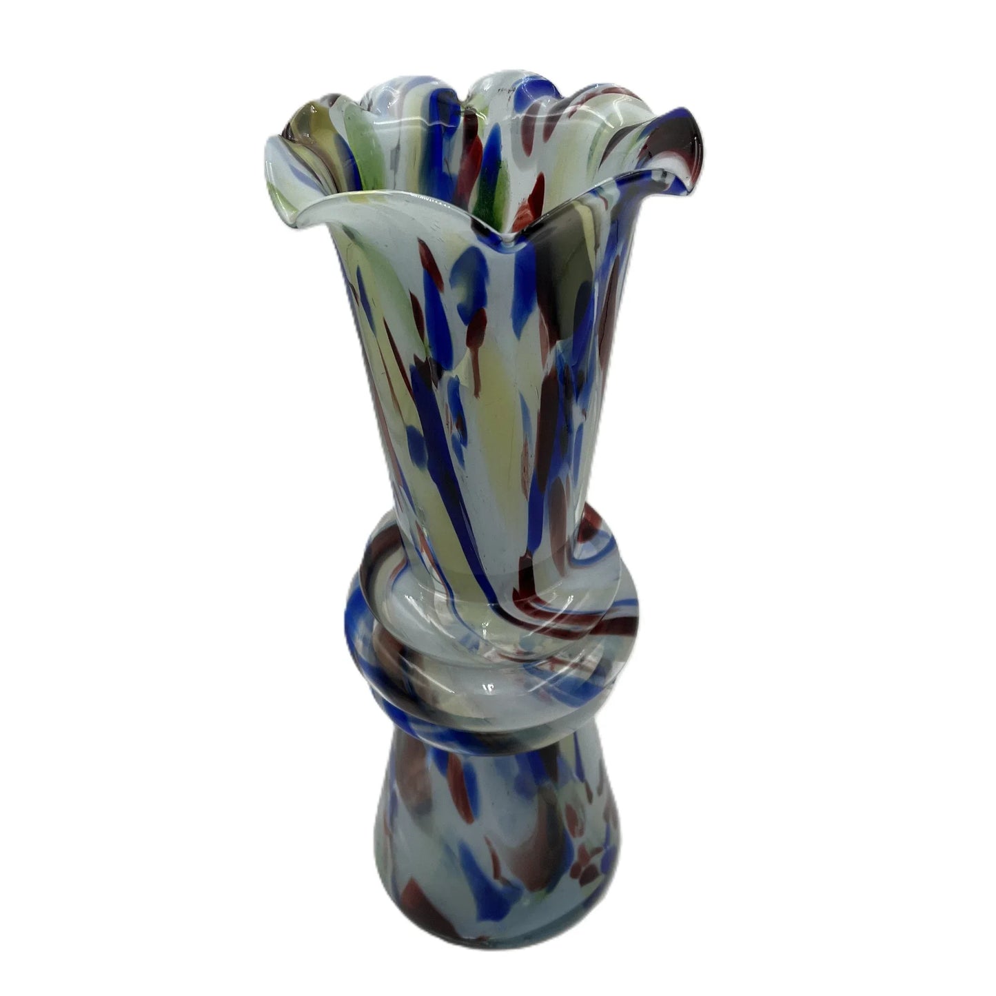 This mid-century Spatter or End of Day Vase.  It features a colorful "end of the day" or splatter design with blue, red, white, and black colours under clear glass. 