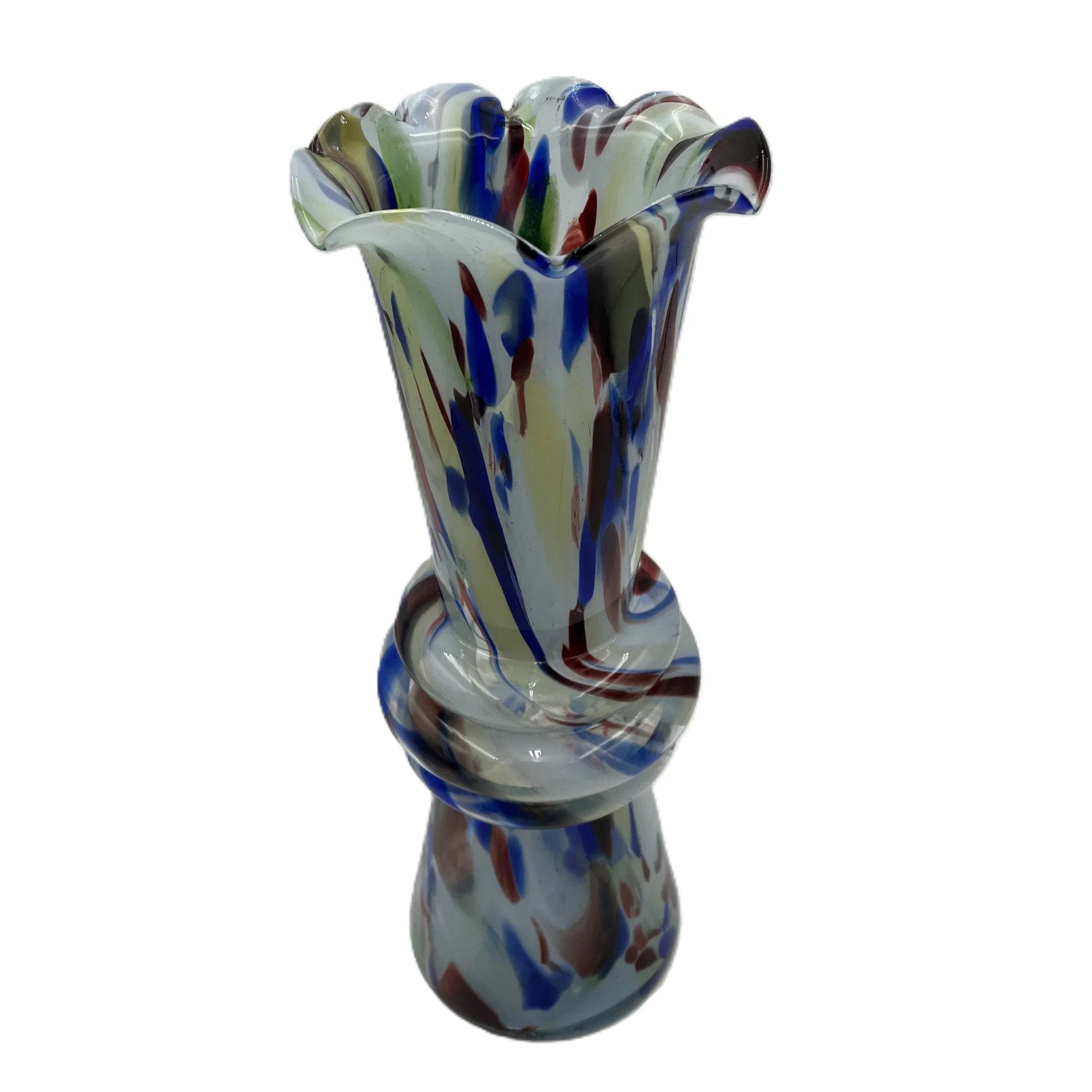 This mid-century Spatter or End of Day Vase.  It features a colorful "end of the day" or splatter design with blue, red, white, and black colours under clear glass. 