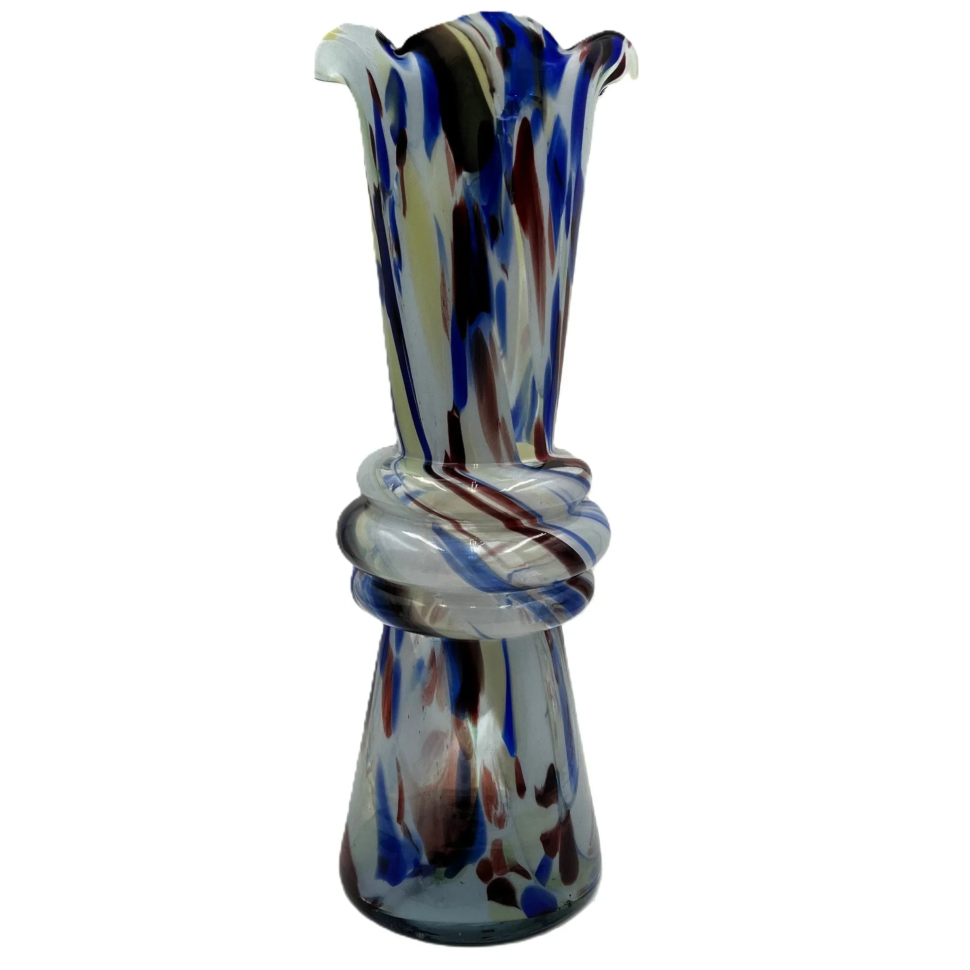 This mid-century Spatter or End of Day Vase.  It features a colorful "end of the day" or splatter design with blue, red, white, and black colours under clear glass. 