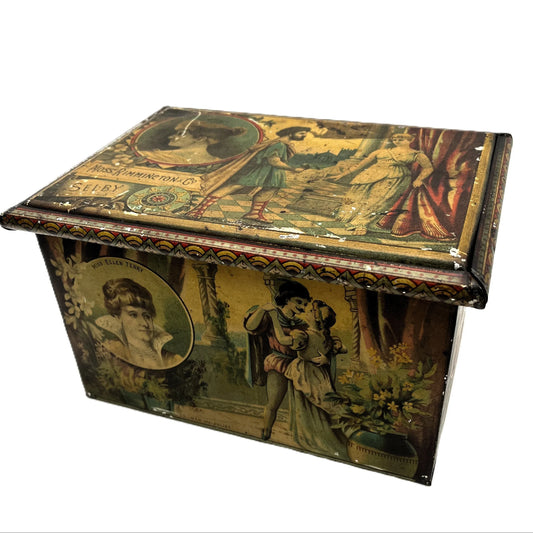 This is a Vintage early 1900s, Moss Rimmington and Co Mustart Tin, Selby Works, West Riding Mills. On the sides of the tin, there are lithographic images of plays and their characters.