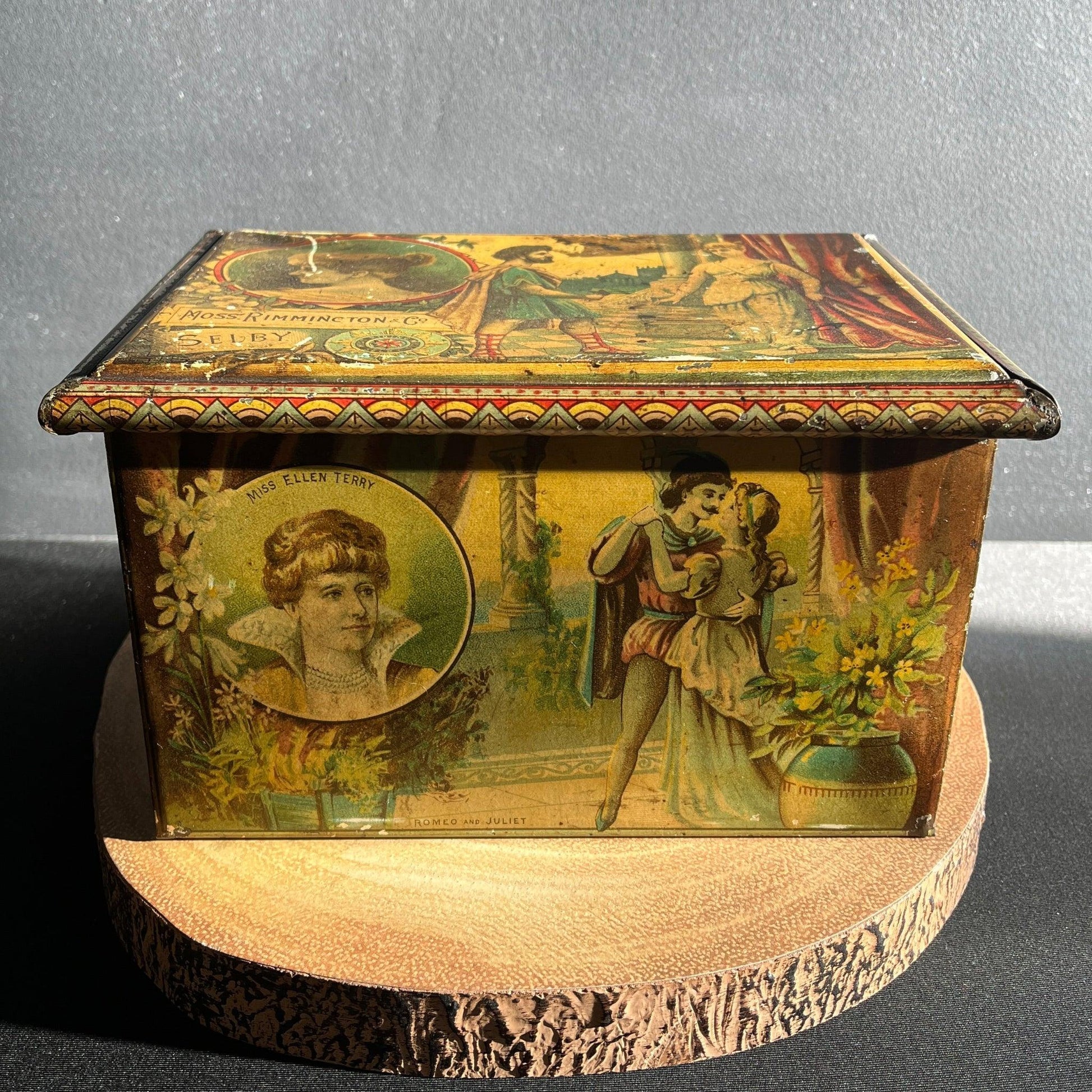 This is a Vintage early 1900s, Moss Rimmington and Co Mustart Tin, Selby Works, West Riding Mills. On the sides of the tin, there are lithographic images of plays and their characters.