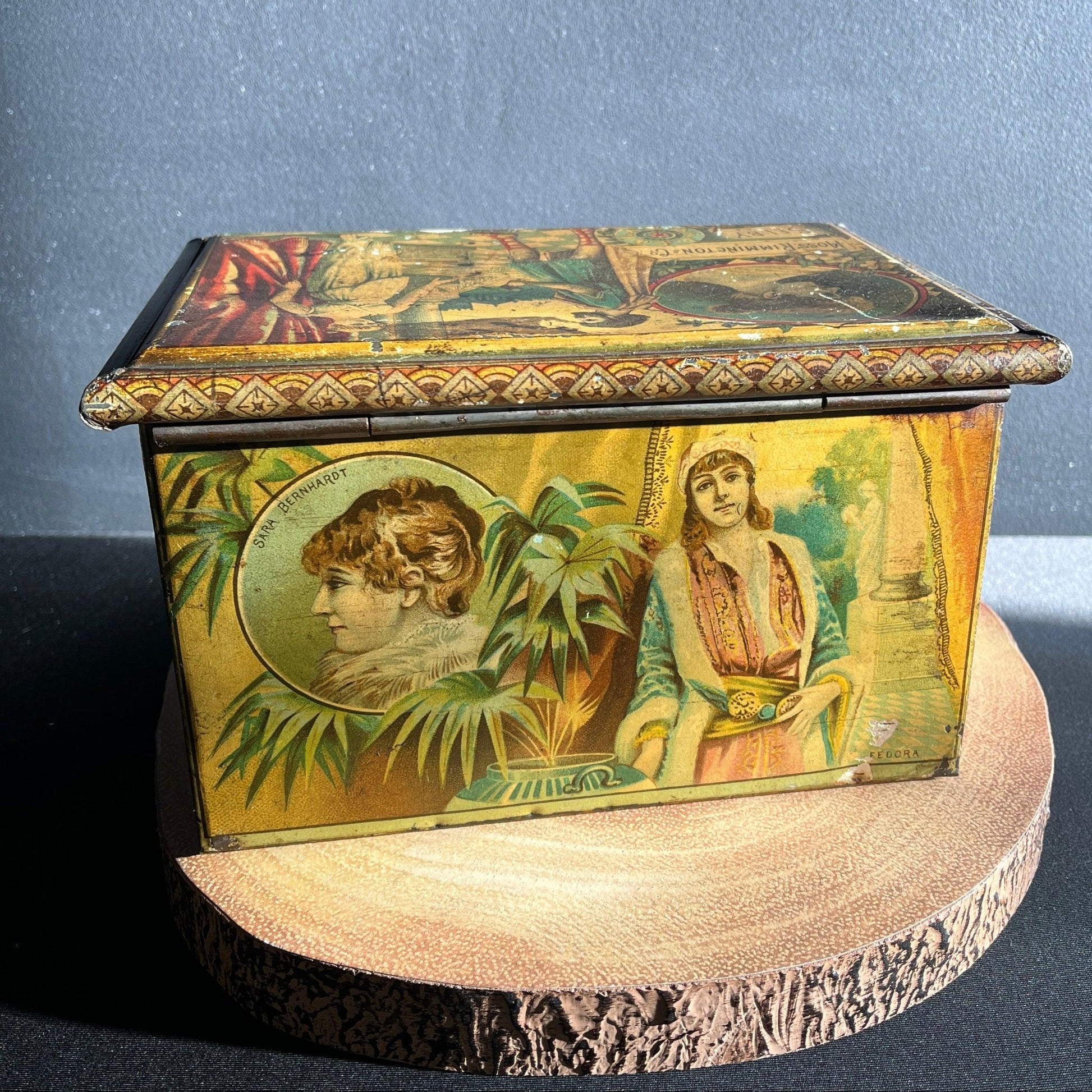 This is a Vintage early 1900s, Moss Rimmington and Co Mustart Tin, Selby Works, West Riding Mills. On the sides of the tin, there are lithographic images of plays and their characters.