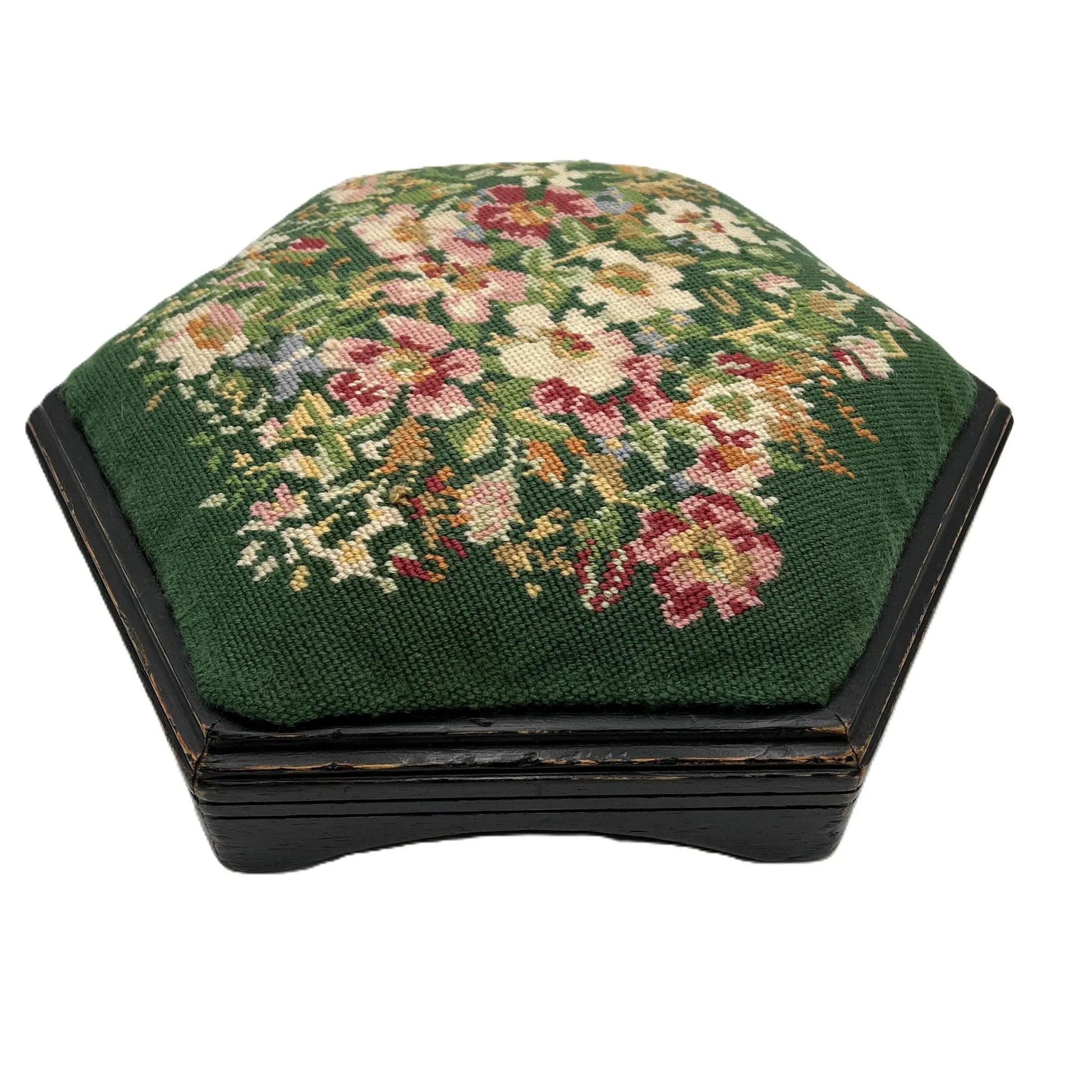 Hexagonal needlepoint stool with floral design 