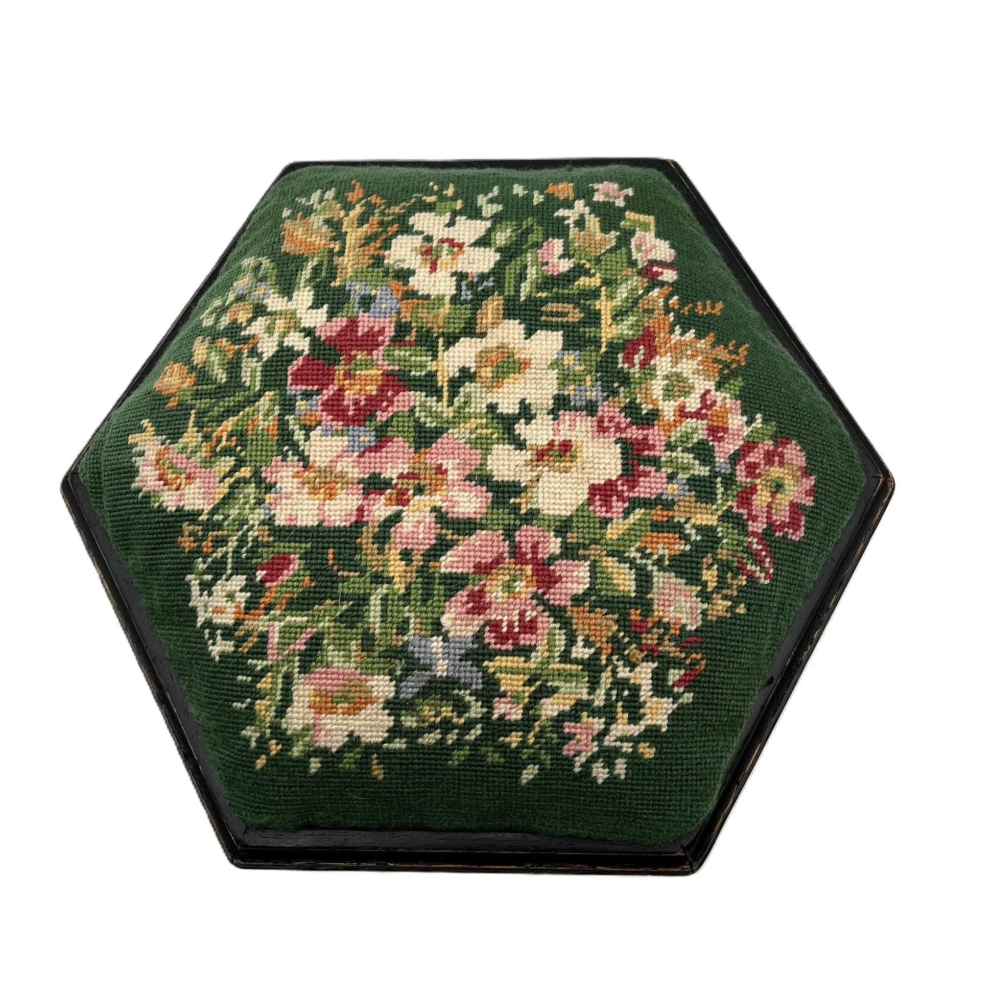 Hexagonal needlepoint stool with floral design