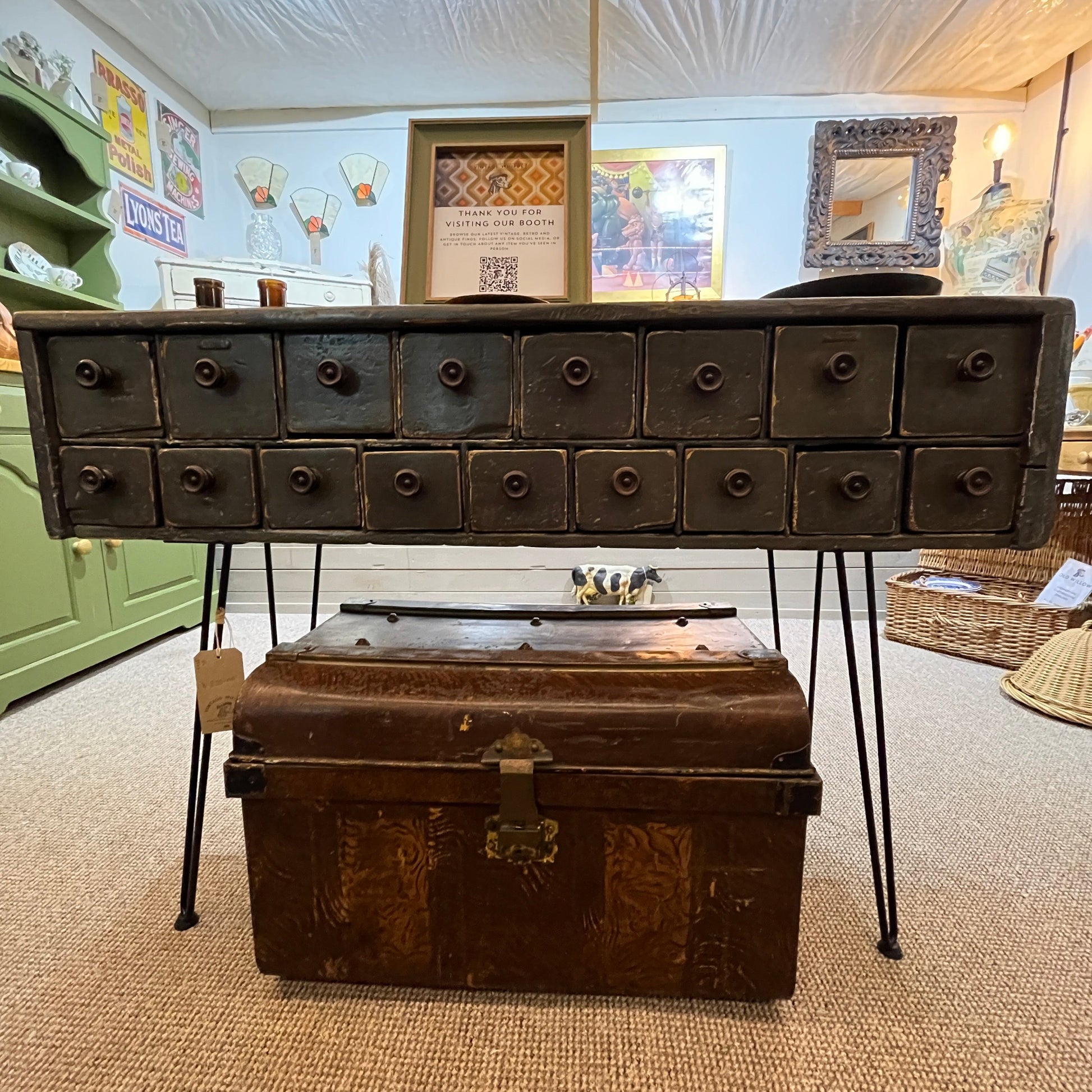 Available at our booth, his is an old vintage one-off scratch-built bank of drawers. They are heavy and sturdy and stand on hairpin legs.