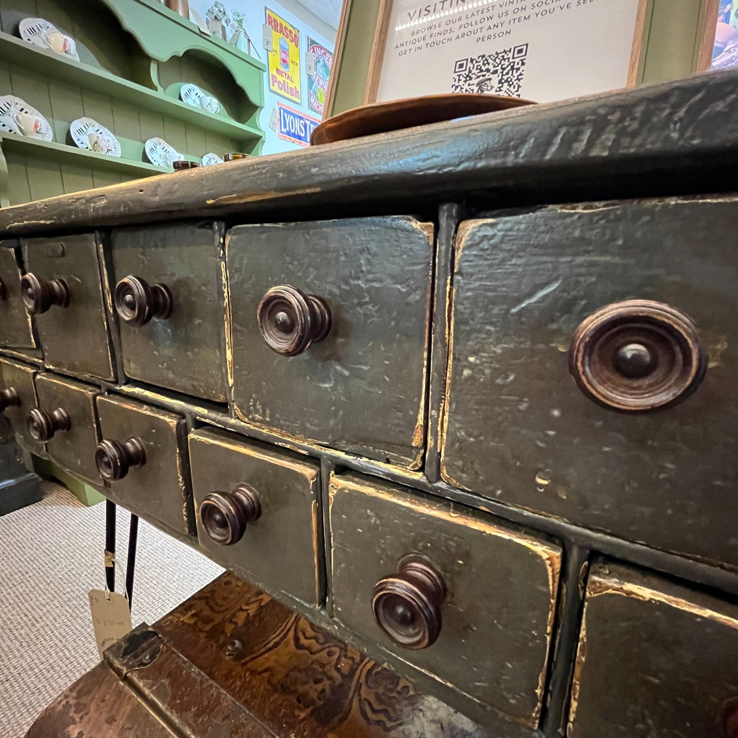 Available at our booth, his is an old vintage one-off scratch-built bank of drawers. They are heavy and sturdy and stand on hairpin legs.