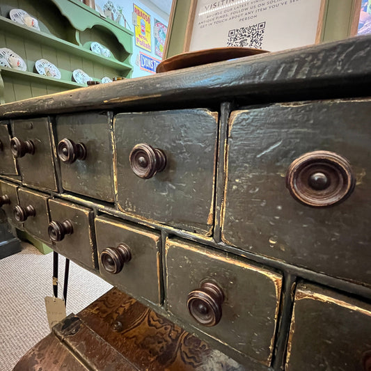 Available at our booth, his is an old vintage one-off scratch-built bank of drawers. They are heavy and sturdy and stand on hairpin legs.