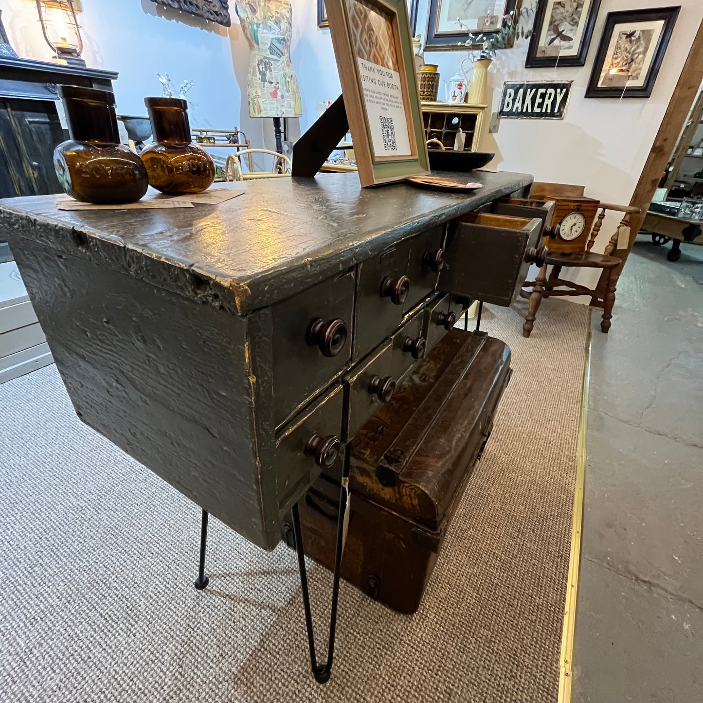 Available at our booth, his is an old vintage one-off scratch-built bank of drawers. They are heavy and sturdy and stand on hairpin legs.