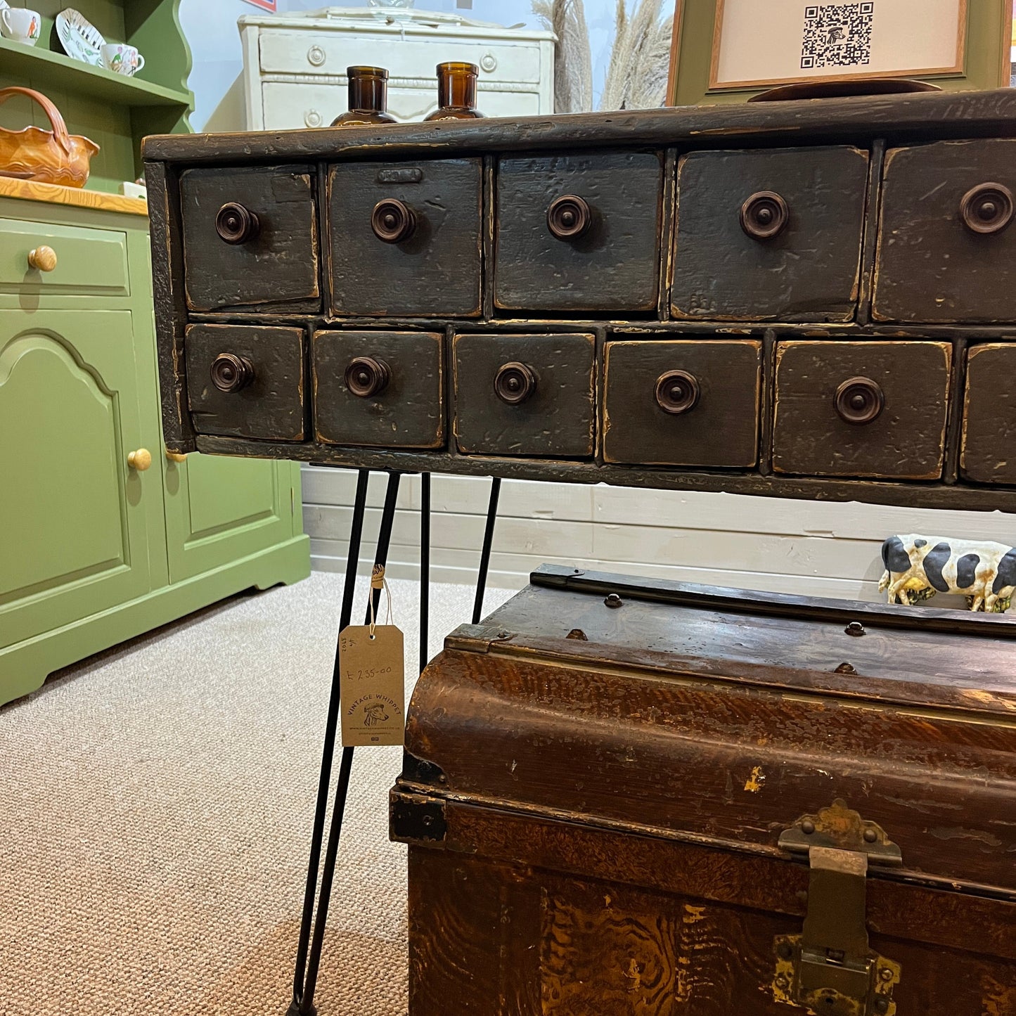 Available at our booth, his is an old vintage one-off scratch-built bank of drawers. They are heavy and sturdy and stand on hairpin legs.