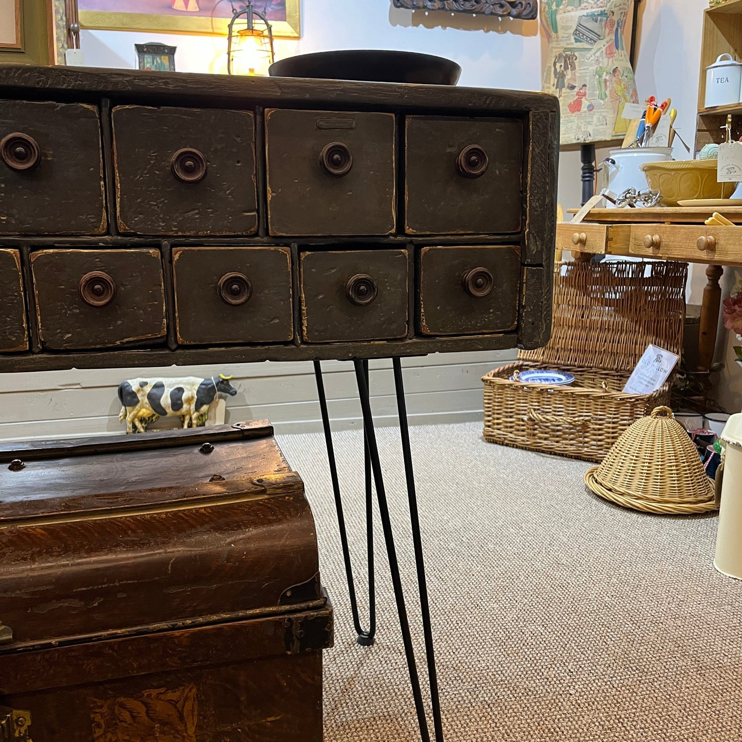 Available at our booth, his is an old vintage one-off scratch-built bank of drawers. They are heavy and sturdy and stand on hairpin legs.