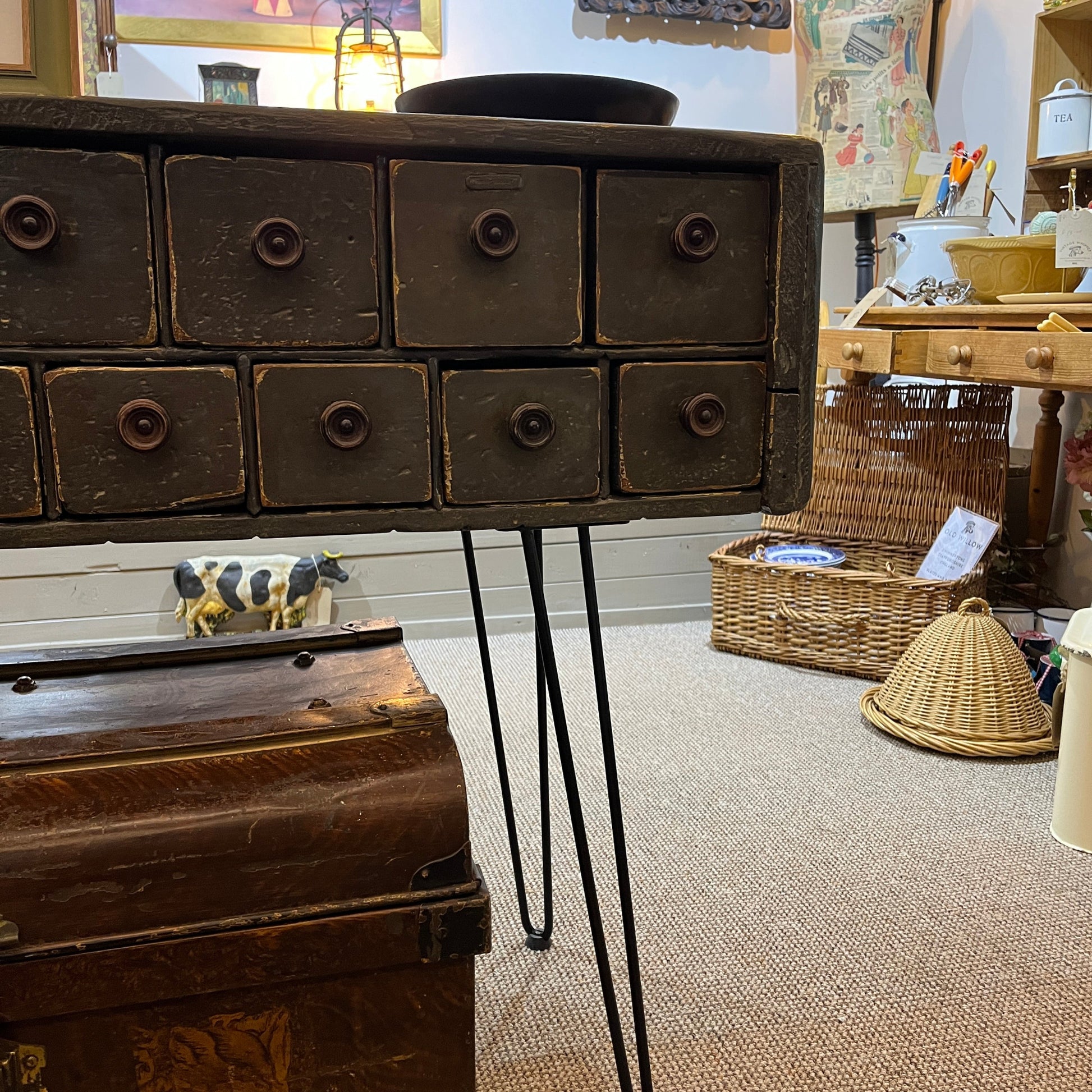 Available at our booth, his is an old vintage one-off scratch-built bank of drawers. They are heavy and sturdy and stand on hairpin legs.