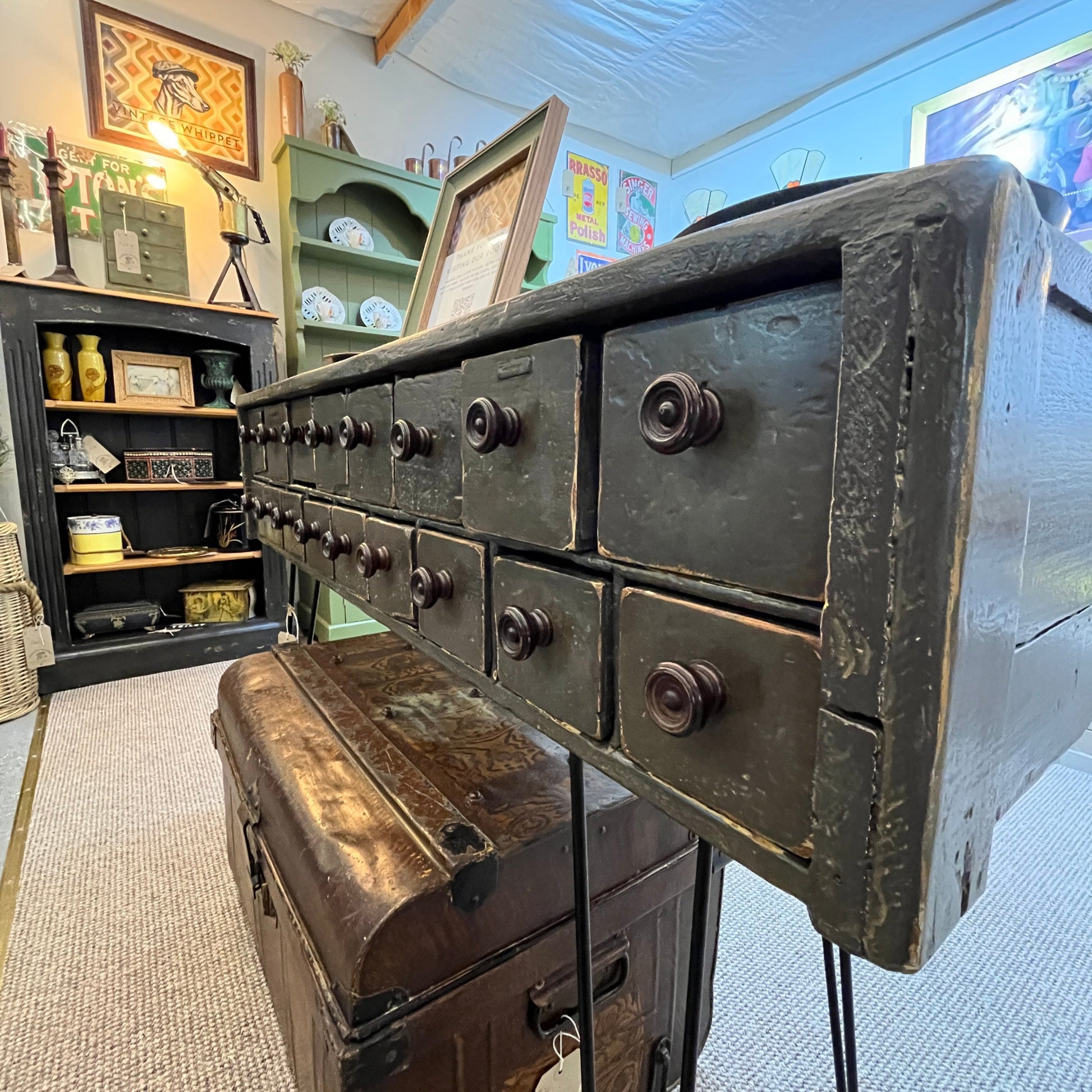 Available at our booth, his is an old vintage one-off scratch-built bank of drawers. They are heavy and sturdy and stand on hairpin legs.