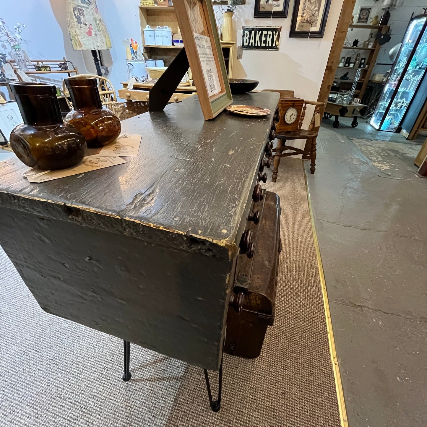 Available at our booth, his is an old vintage one-off scratch-built bank of drawers. They are heavy and sturdy and stand on hairpin legs.