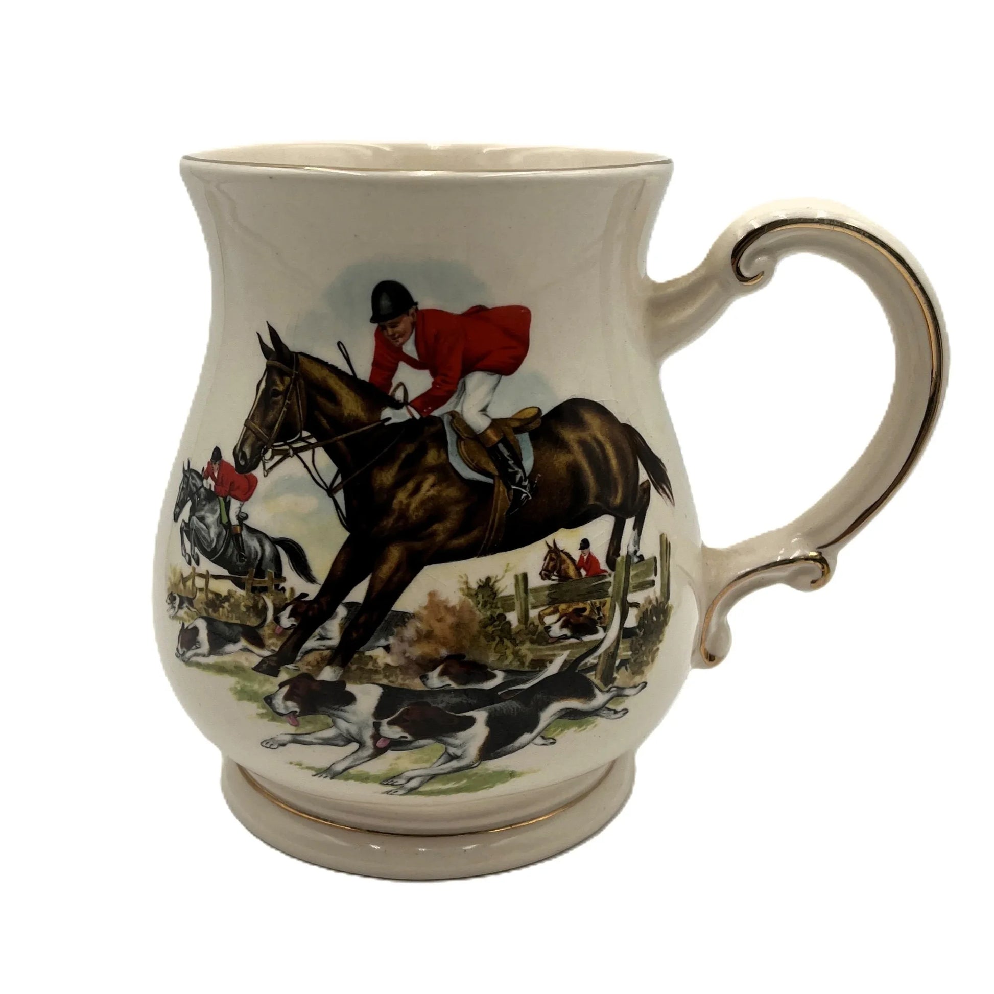 These  items are vintage Sadler England hunting scene mugs, often referred to as tankards or beer steins.
