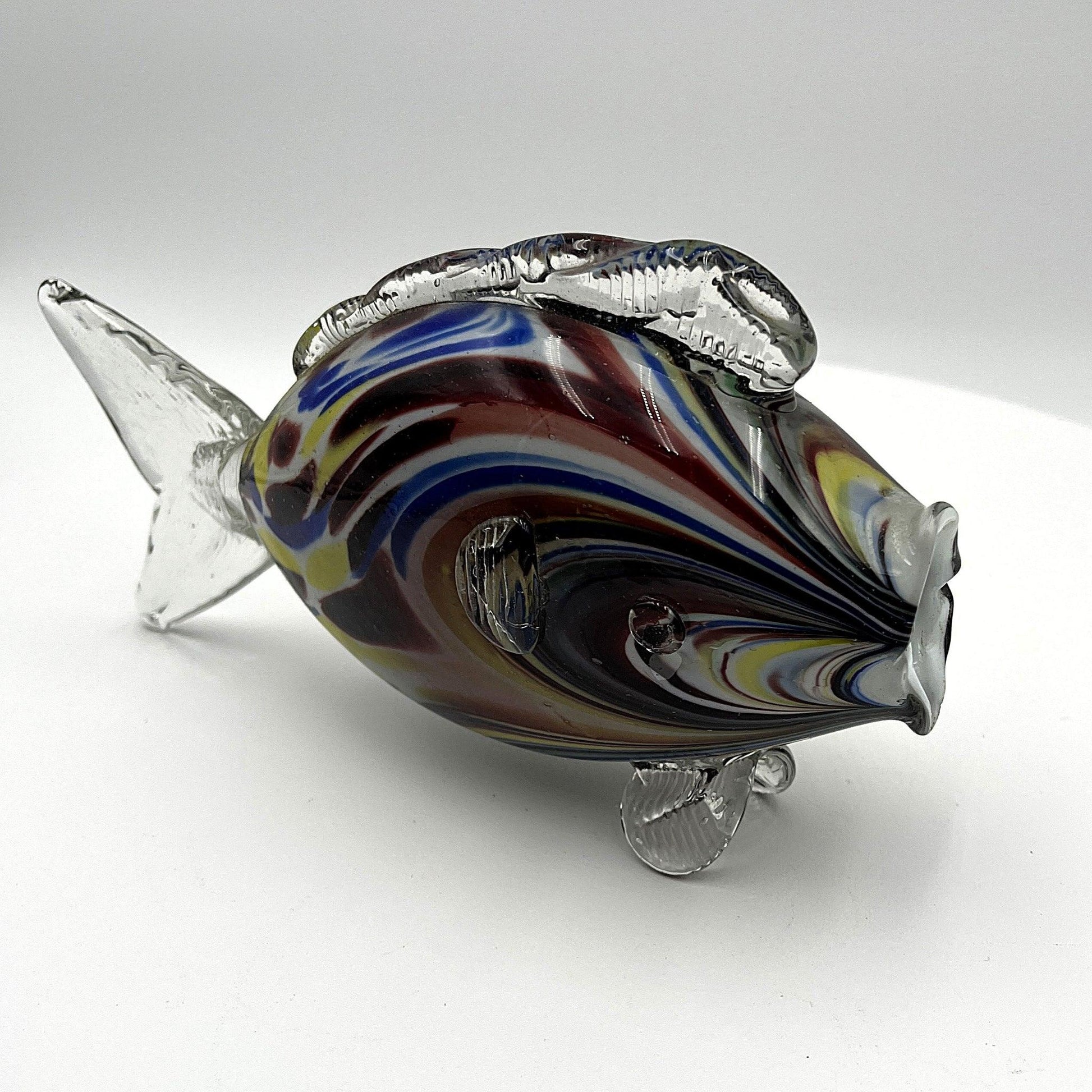 This is a pair of mid-century Spatter, End of Day, or marbled fish.  They feature a colourful marbled design with clear glass fins.