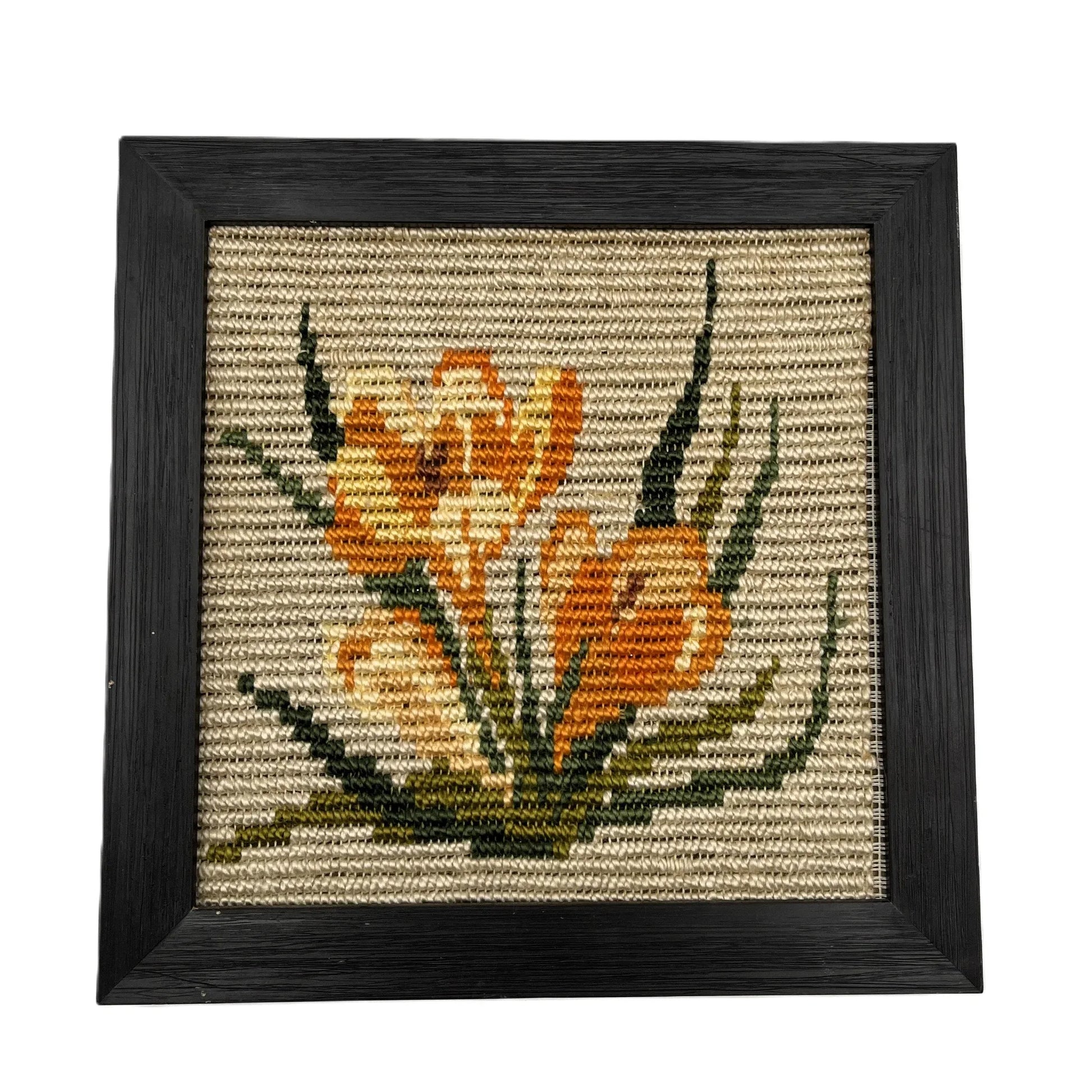 This is a vintage set of 3 framed needlepoint pictures from the 1970s or 1980s. Housed in a black frame, from a German Picto Stitch Kit depicting 3 scenes.