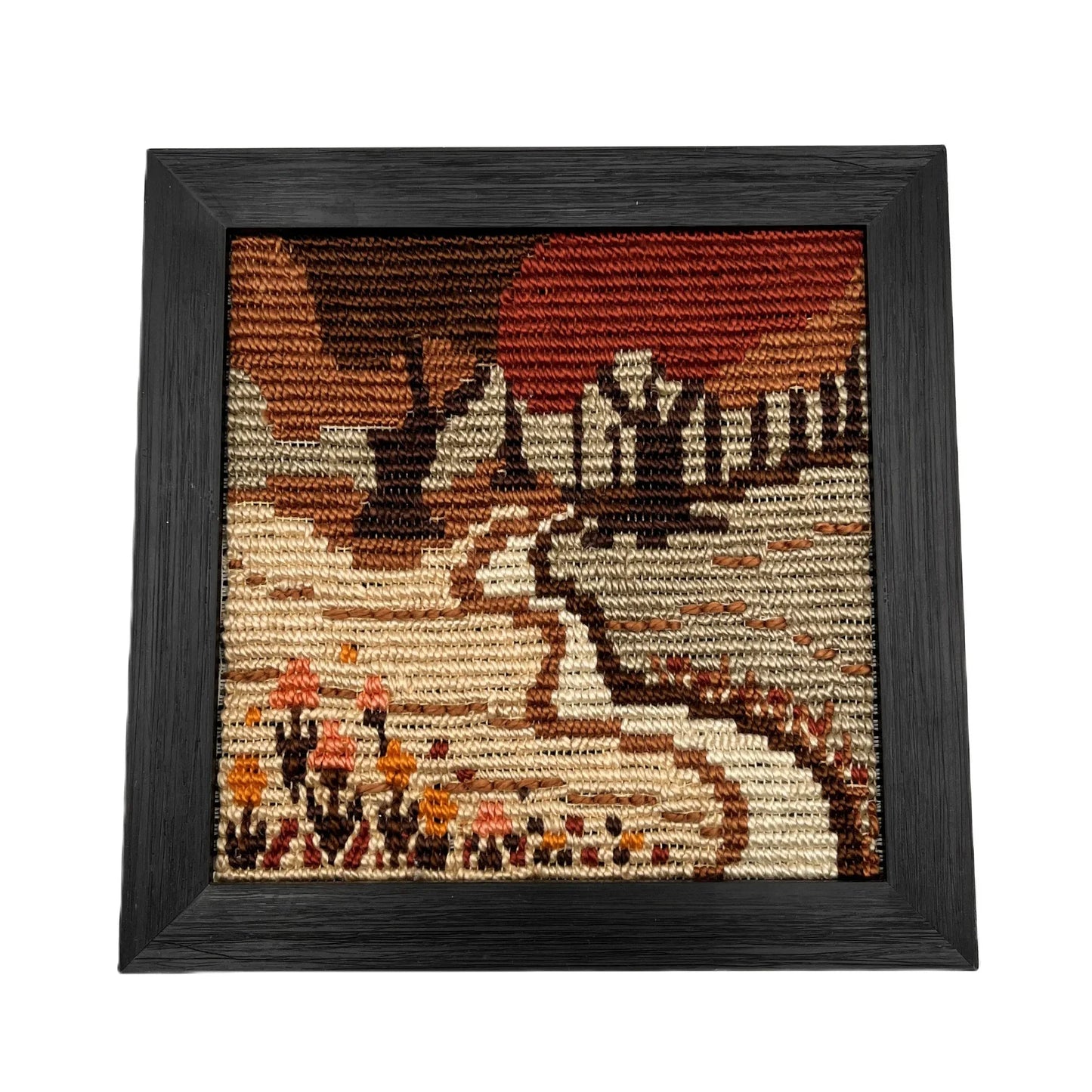 This is a vintage set of 3 framed needlepoint pictures from the 1970s or 1980s. Housed in a black frame, from a German Picto Stitch Kit depicting 3 scenes.
