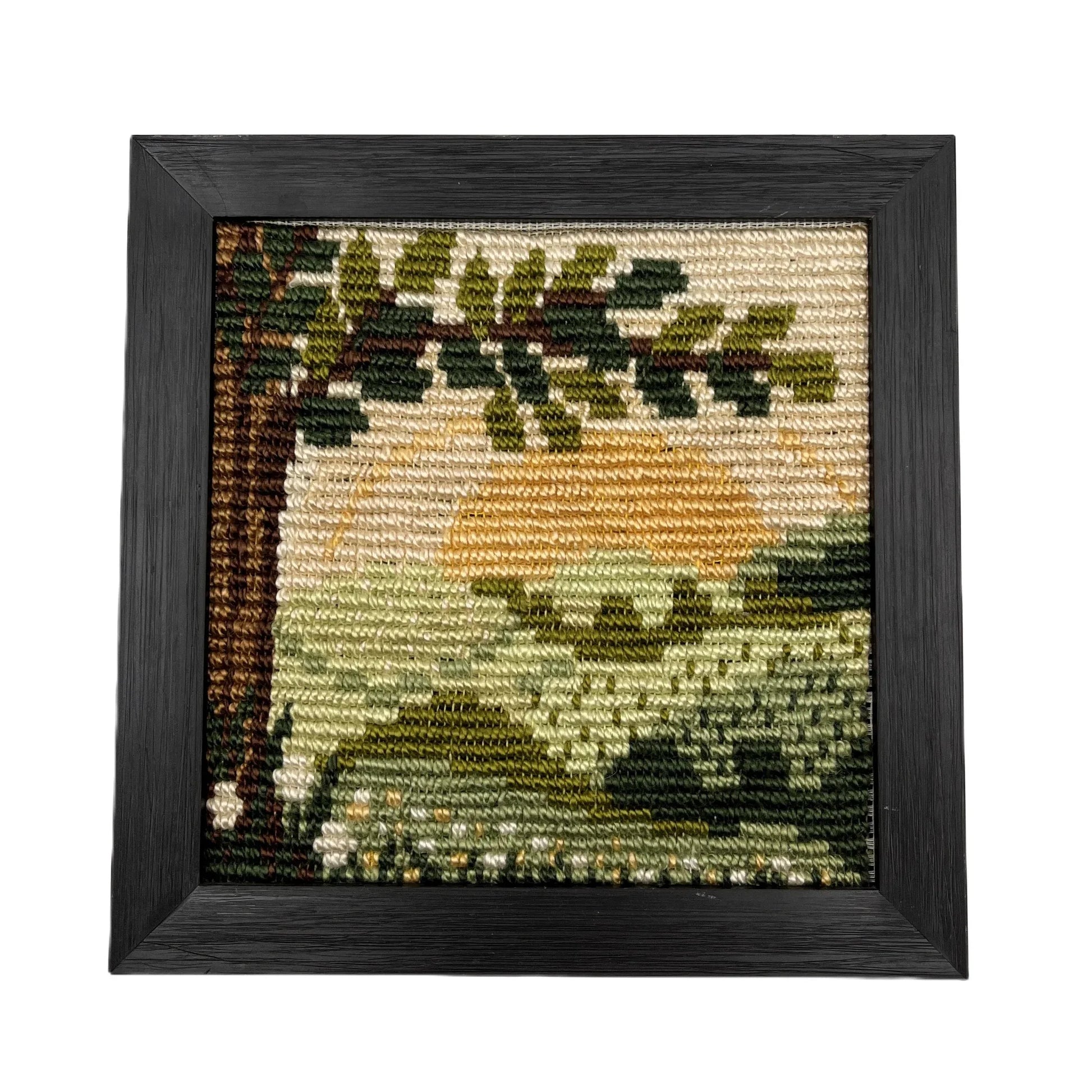 This is a vintage set of 3 framed needlepoint pictures from the 1970s or 1980s. Housed in a black frame, from a German Picto Stitch Kit depicting 3 scenes.