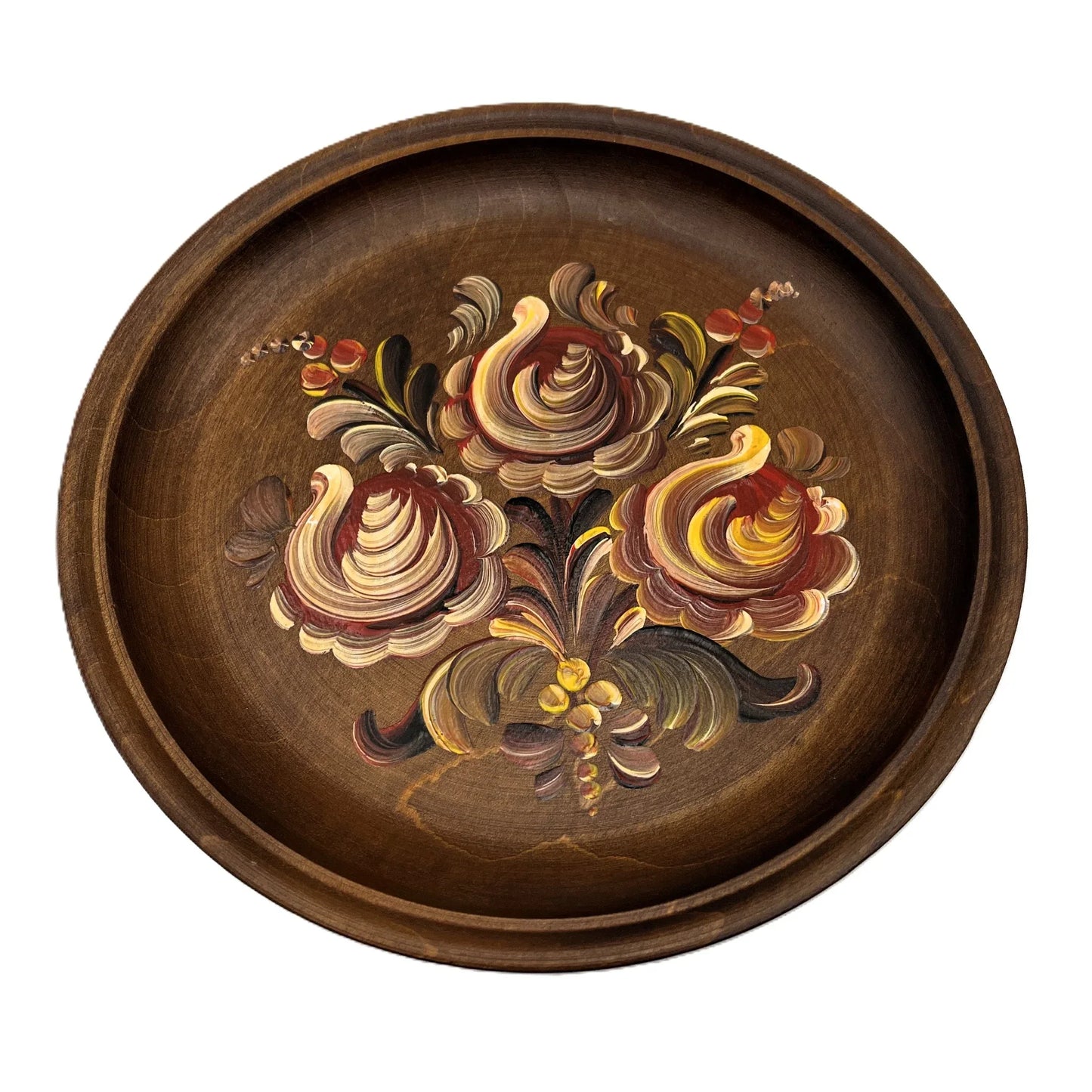 These are a set of 3 Vintage Wooden Hand Painted Decorative wall plates. Painted, I believe in a Norwegian Style with multicolour flower designs, 