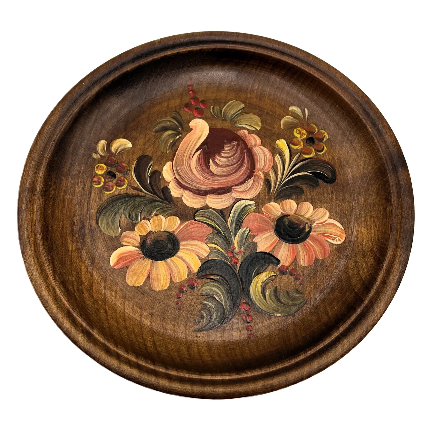 These are a set of 3 Vintage Wooden Hand Painted Decorative wall plates. Painted, I believe in a Norwegian Style with multicolour flower designs, 