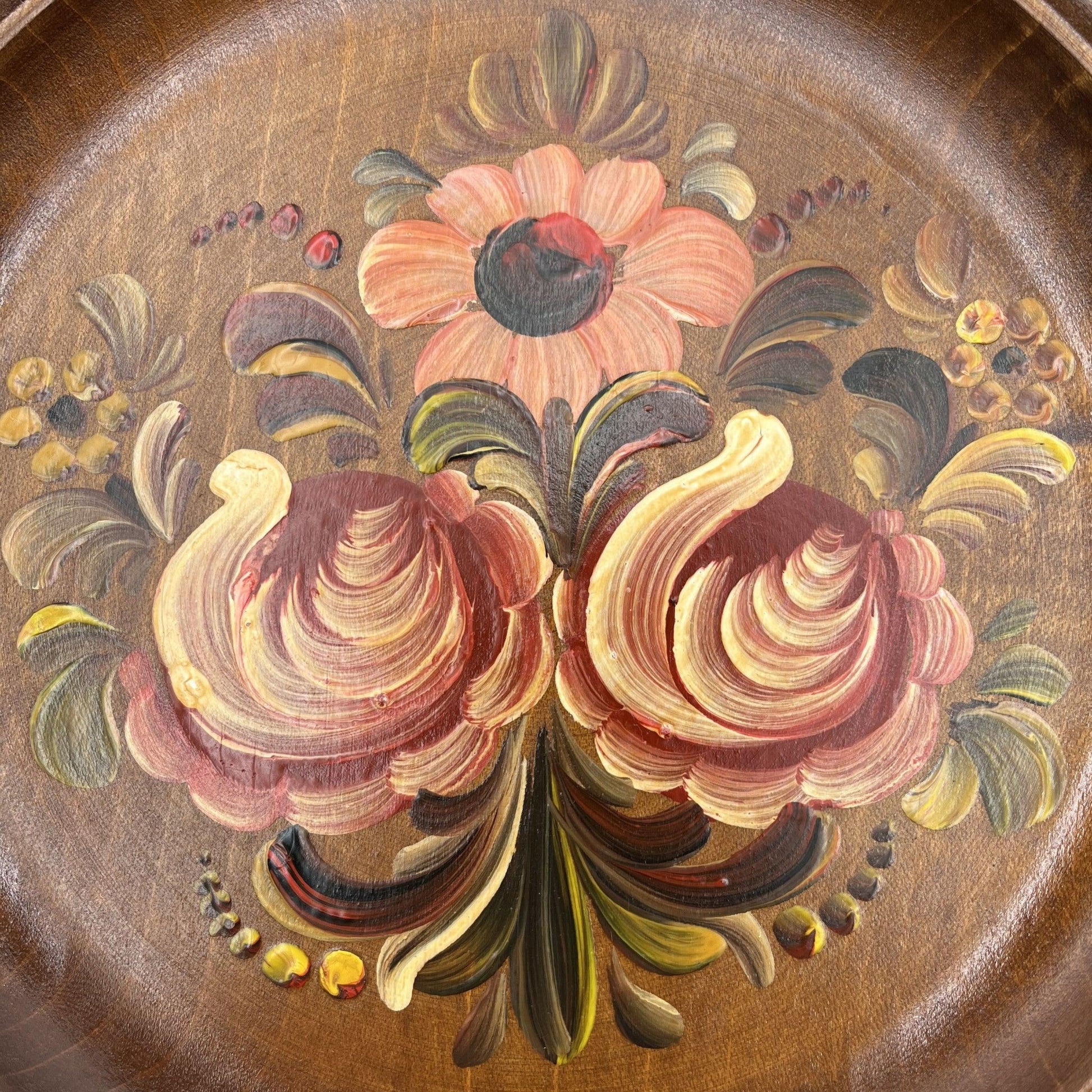 These are a set of 3 Vintage Wooden Hand Painted Decorative wall plates. Painted, I believe in a Norwegian Style with multicolour flower designs, 