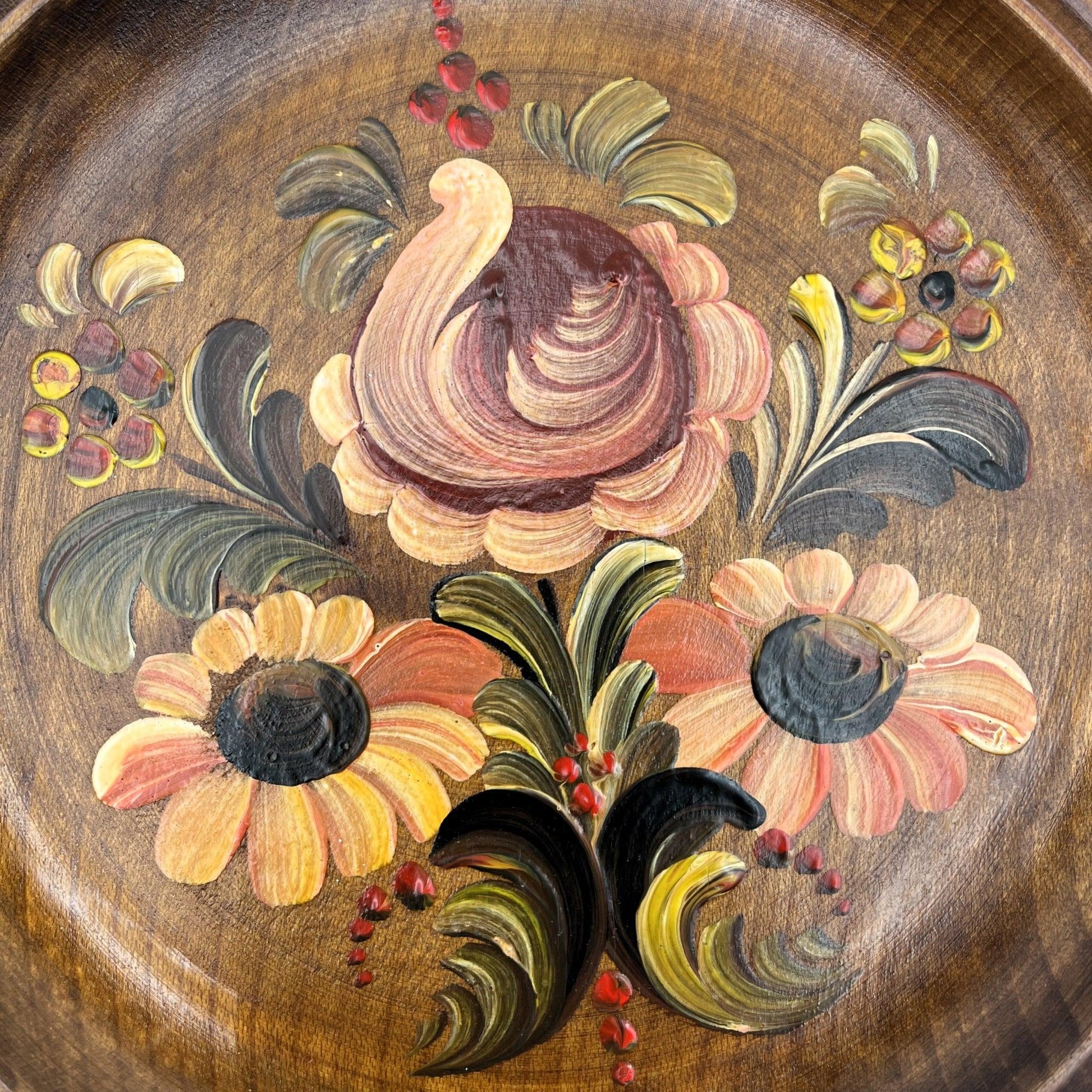 These are a set of 3 Vintage Wooden Hand Painted Decorative wall plates. Painted, I believe in a Norwegian Style with multicolour flower designs, 