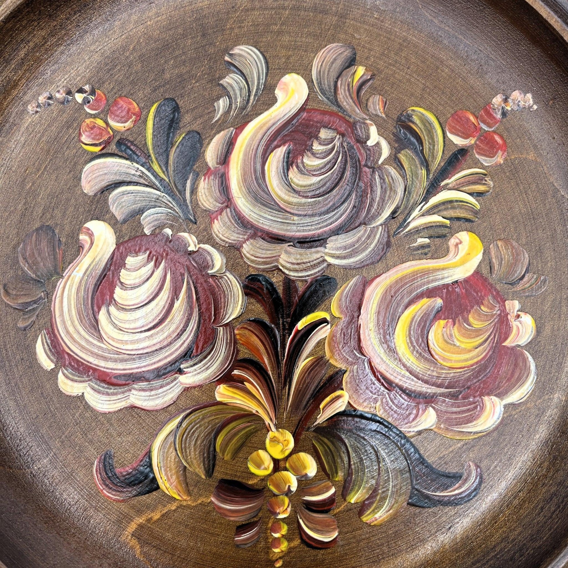 These are a set of 3 Vintage Wooden Hand Painted Decorative wall plates. Painted, I believe in a Norwegian Style with multicolour flower designs, 