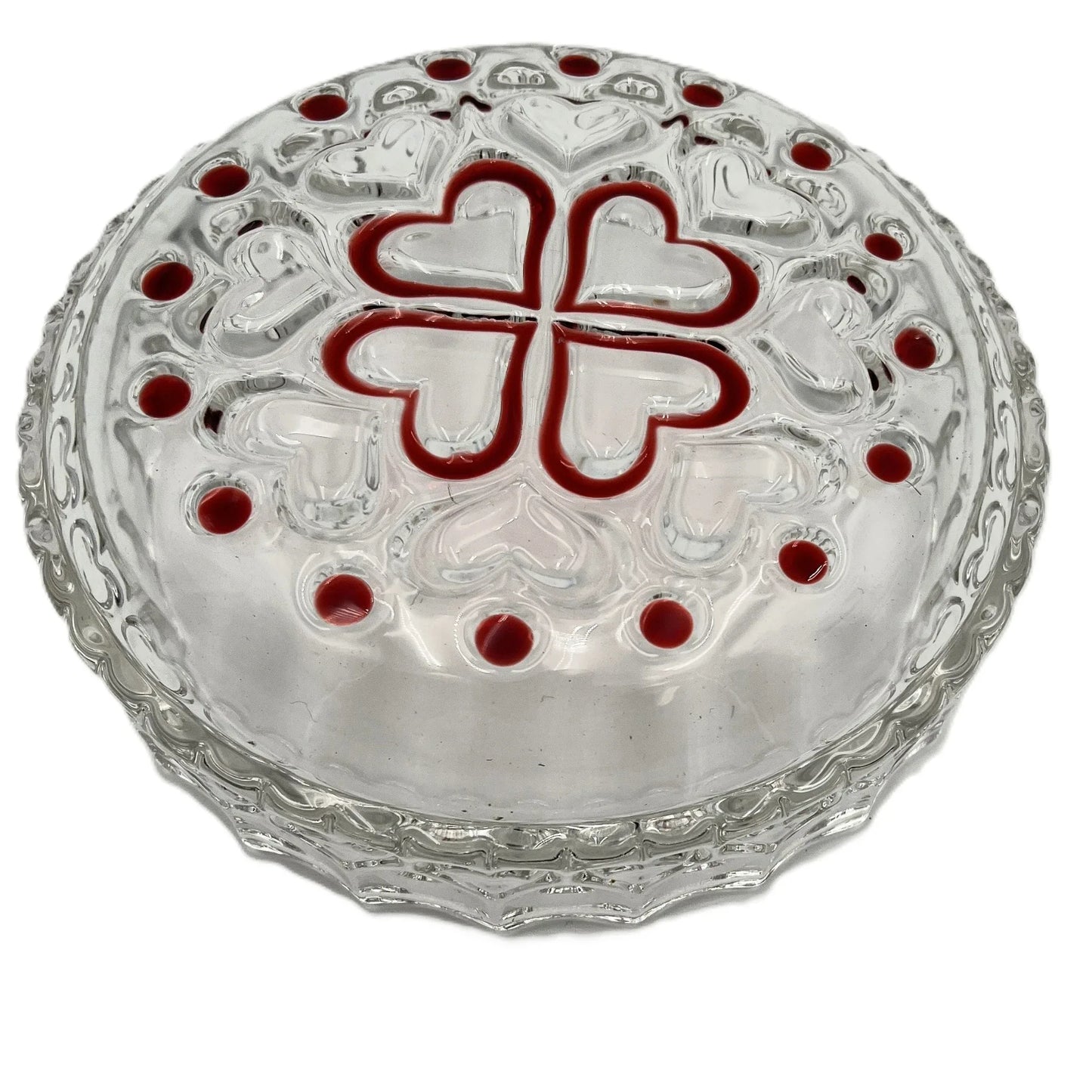 This is a vintage Walther Glas "Sweetheart" design serving bowl with a red heart and dot pattern. It is a round, clear glass bowl with a crimped edge and heart pattern design.