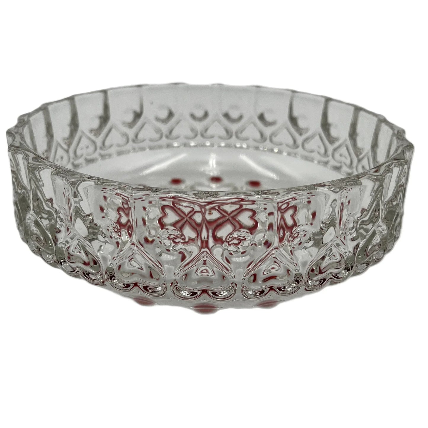 This is a vintage Walther Glas "Sweetheart" design serving bowl with a red heart and dot pattern. It is a round, clear glass bowl with a crimped edge and heart pattern design.