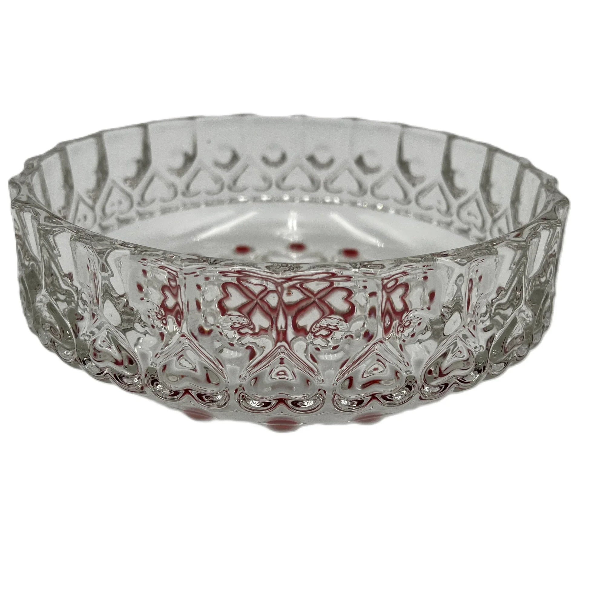This is a vintage Walther Glas "Sweetheart" design serving bowl with a red heart and dot pattern. It is a round, clear glass bowl with a crimped edge and heart pattern design.