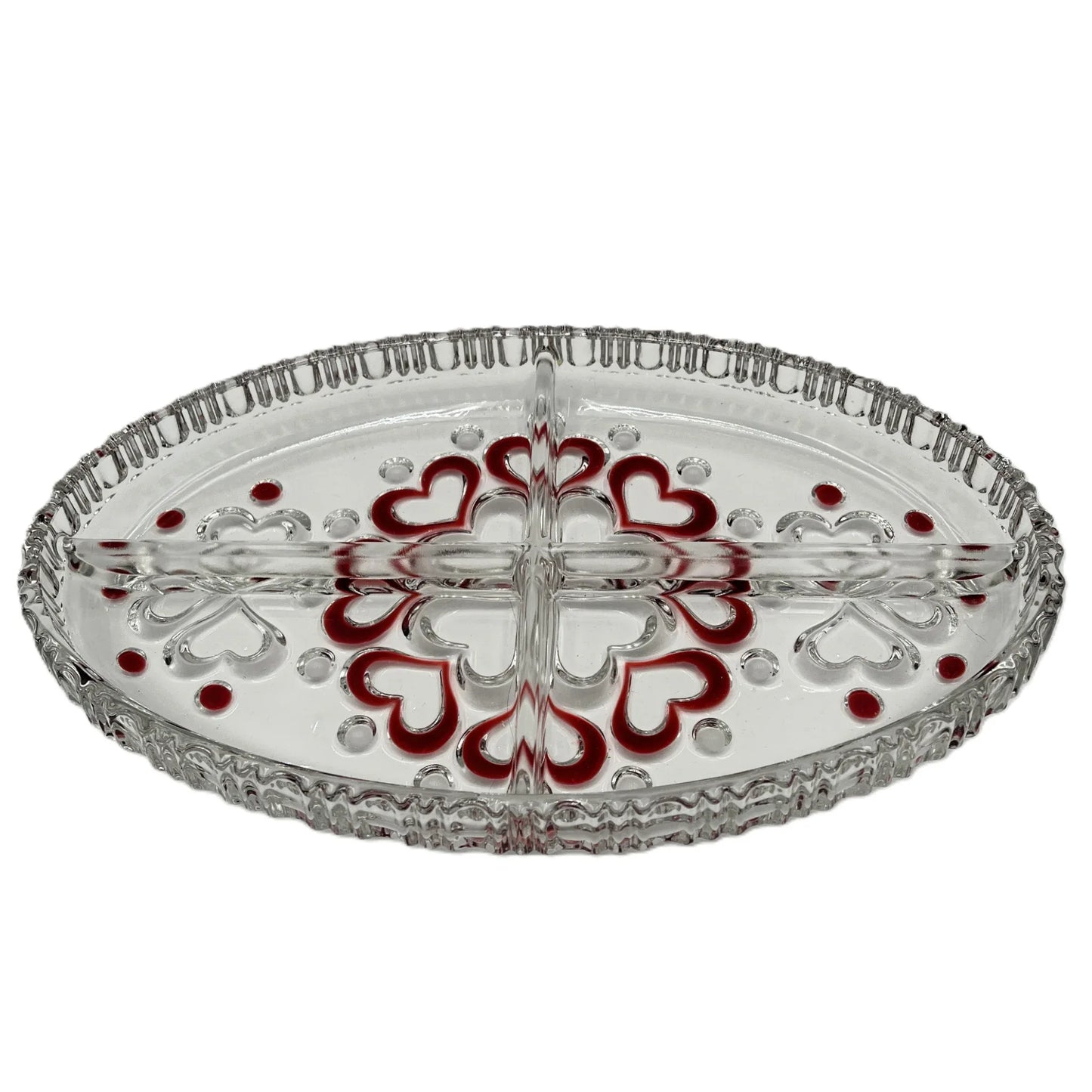 This is a vintage Walther Glas "Sweetheart" serving bowl, designed as a snack or sweets dish with a red heart and dot pattern. It is an oval, clear glass divided serving dish with a crimped edge.

