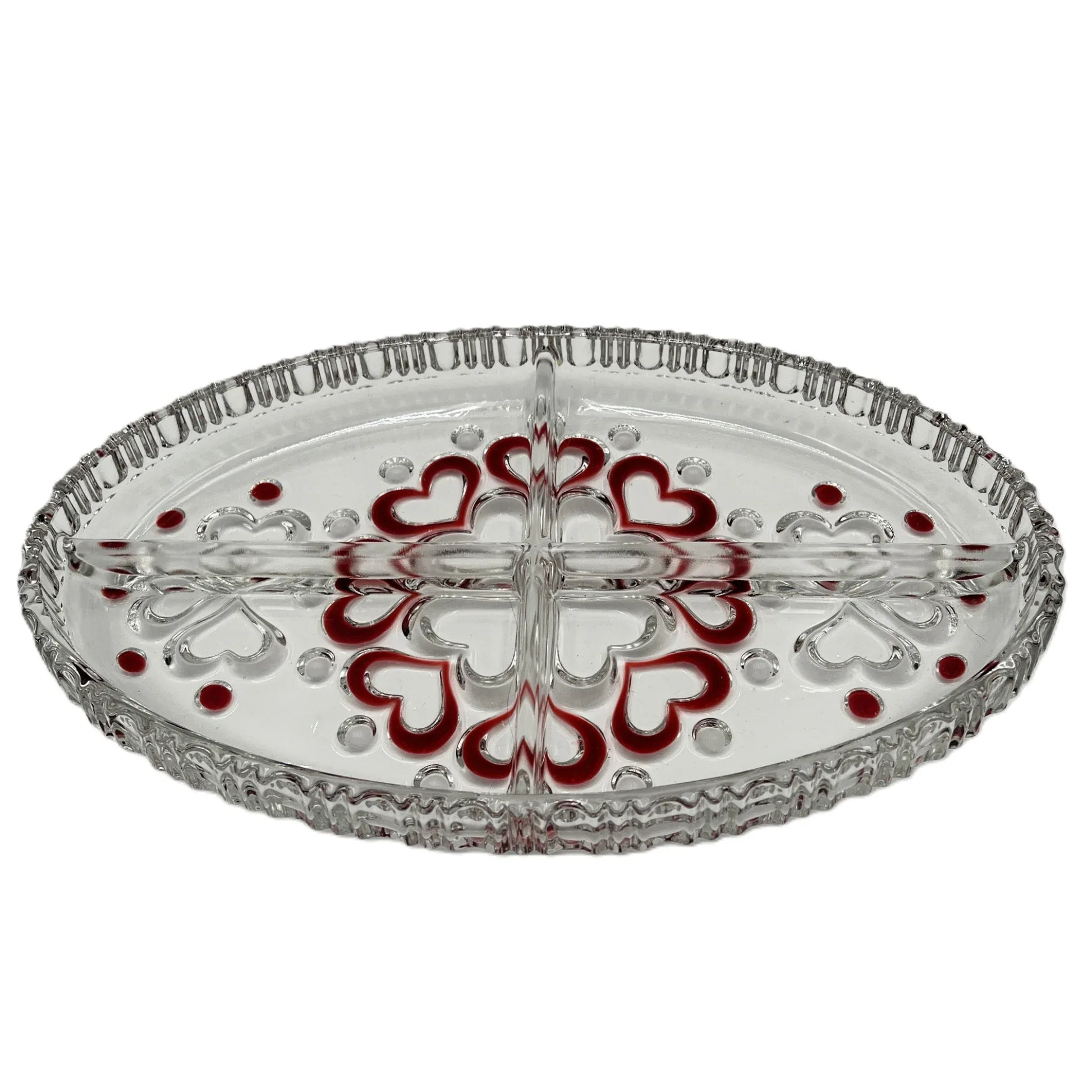 This is a vintage Walther Glas "Sweetheart" serving bowl, designed as a snack or sweets dish with a red heart and dot pattern. It is an oval, clear glass divided serving dish with a crimped edge.

