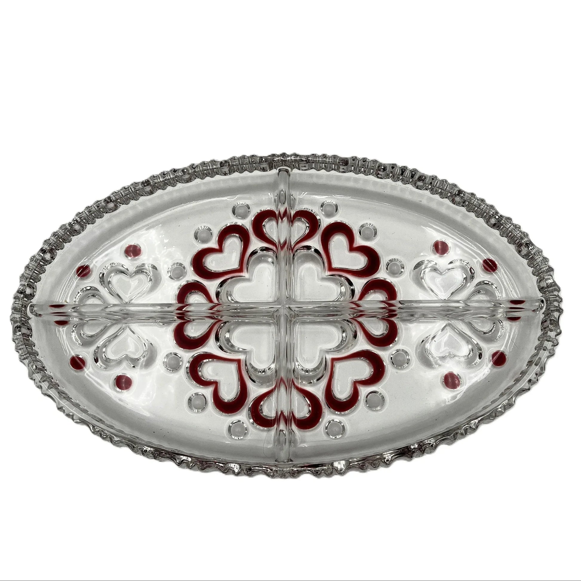 This is a vintage Walther Glas "Sweetheart" serving bowl, designed as a snack or sweets dish with a red heart and dot pattern. It is an oval, clear glass divided serving dish with a crimped edge.

