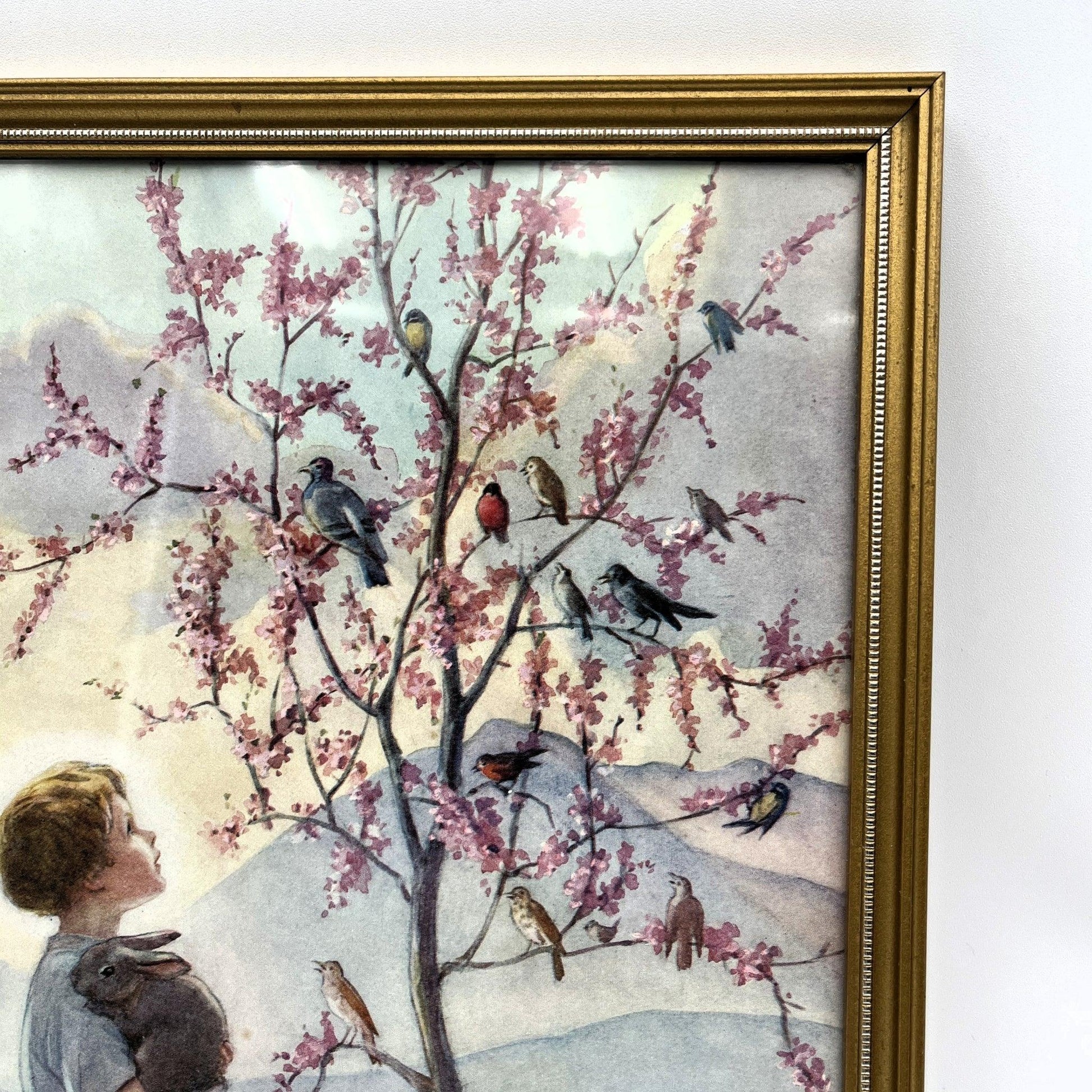 This is a framed print of the painting "Morning Carol" by the British illustrator Margaret Tarrant (1888-1959). The artwork depicts a child holding a rabbit, surrounded by other rabbits and birds under a blossoming tree, in a pastoral setting. 