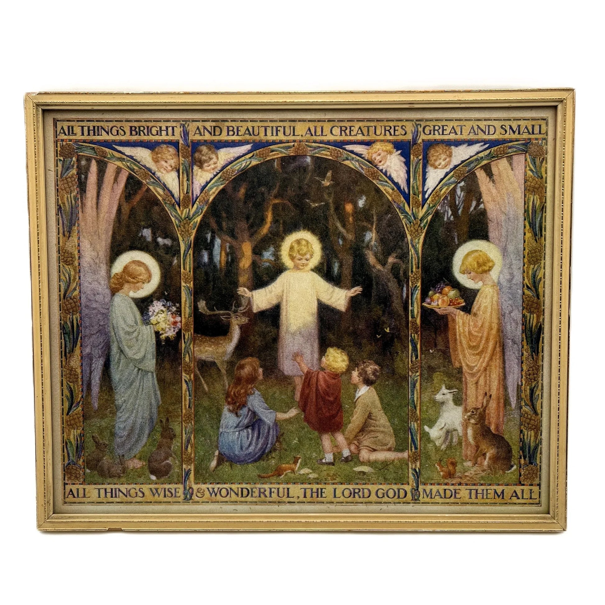 This is a vintage framed print print of the illustration titled "All Things Bright and Beautiful" or "All Things Wise & Wonderful" by the English illustrator Margaret W.Tarrant (1888-1959). 

