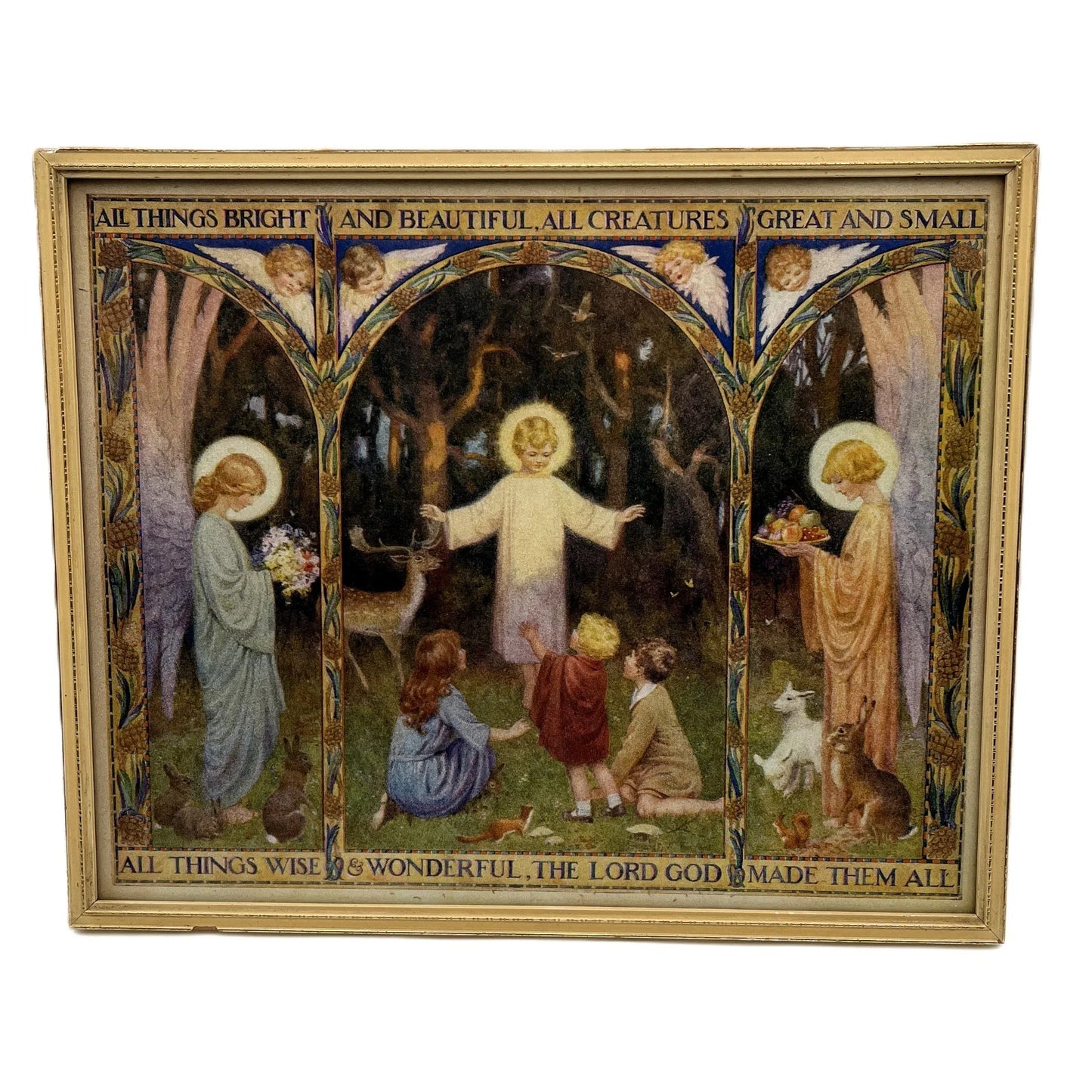 This is a vintage framed print print of the illustration titled "All Things Bright and Beautiful" or "All Things Wise & Wonderful" by the English illustrator Margaret W.Tarrant (1888-1959). 

